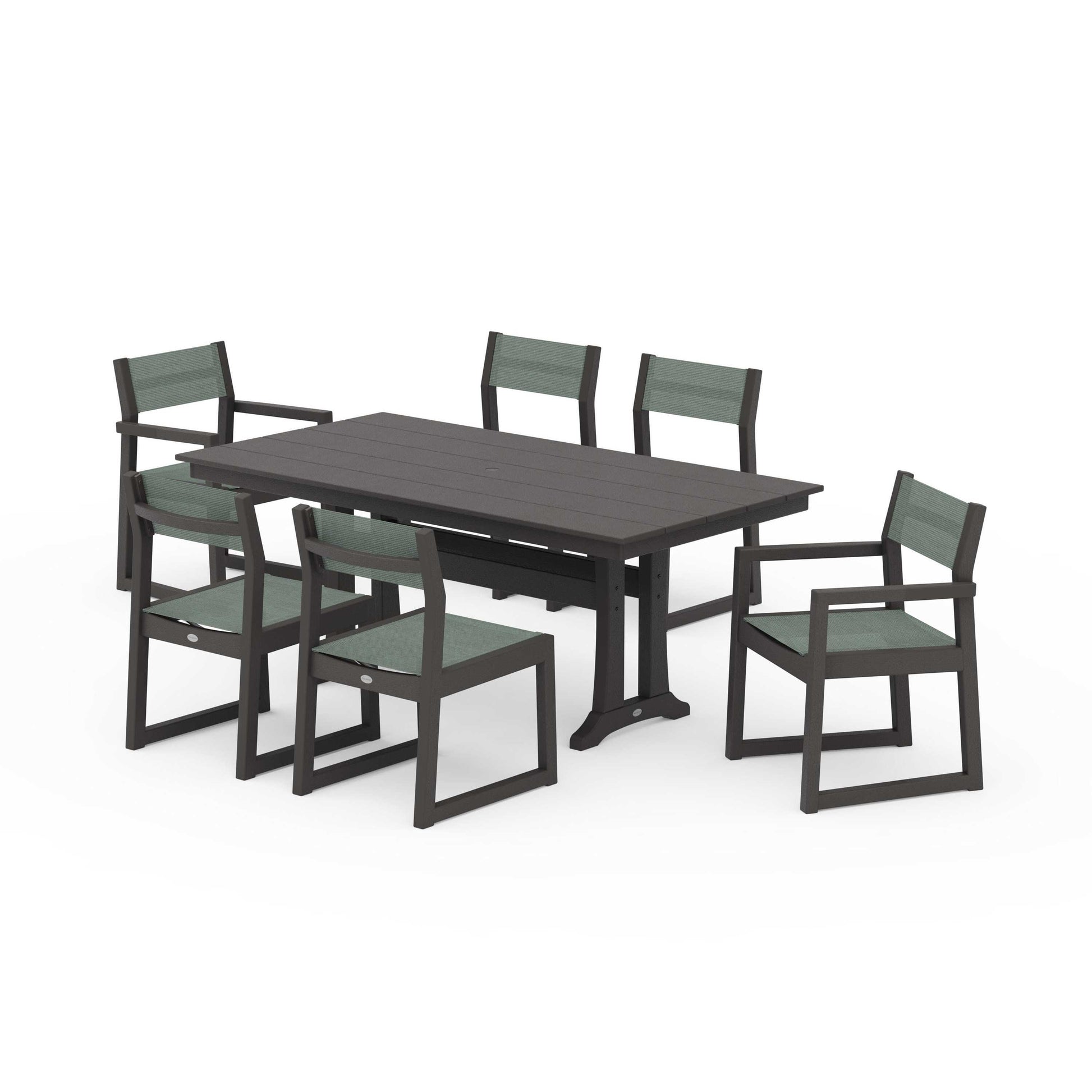 POLYWOOD EDGE Sling 7-Piece Farmhouse Trestle Dining Set — Vintage Coffee / Dupioni Sea Mist Sling
