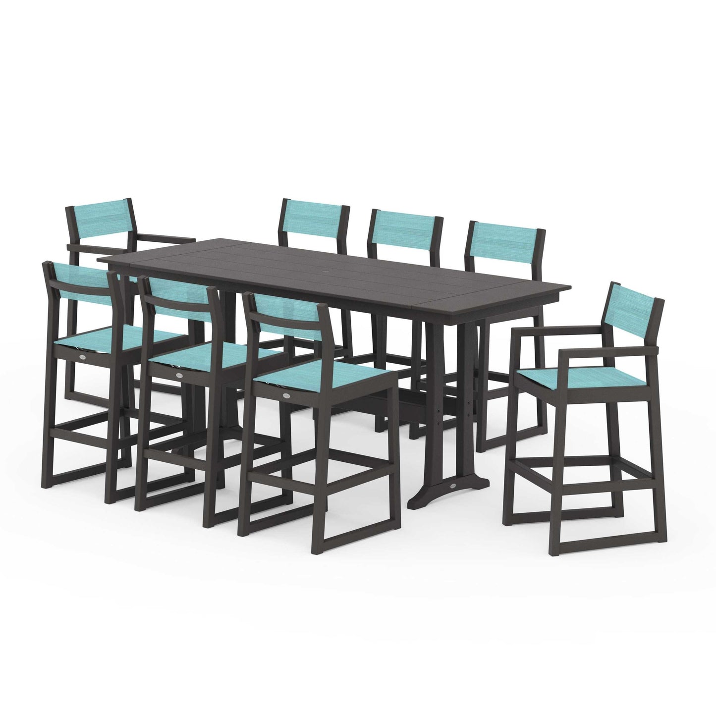 POLYWOOD EDGE Sling 9-Piece Farmhouse Bar Set with Trestle Legs — Vintage Coffee / Dupioni Aquamarine Sling