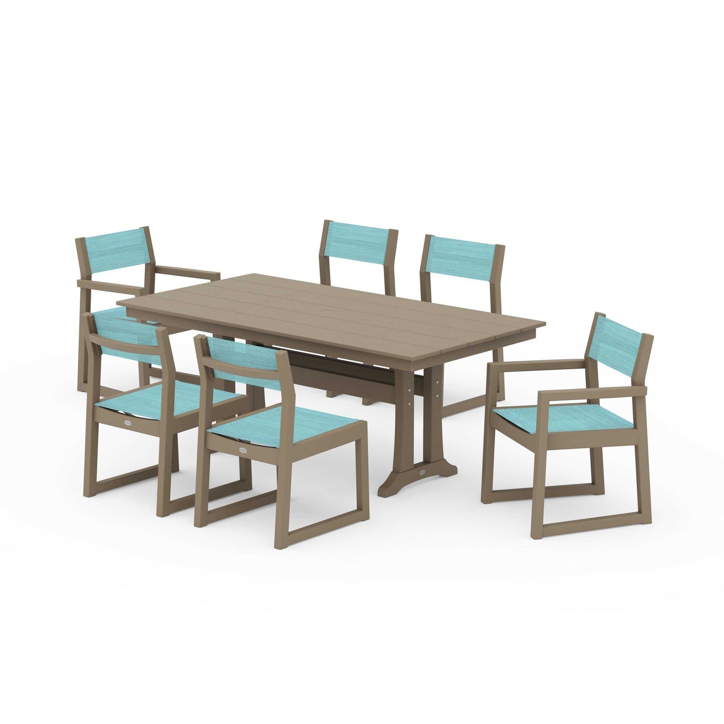 POLYWOOD EDGE Sling 7-Piece Farmhouse Trestle Dining Set — Vintage Sahara / Dupioni Aquamarine Sling