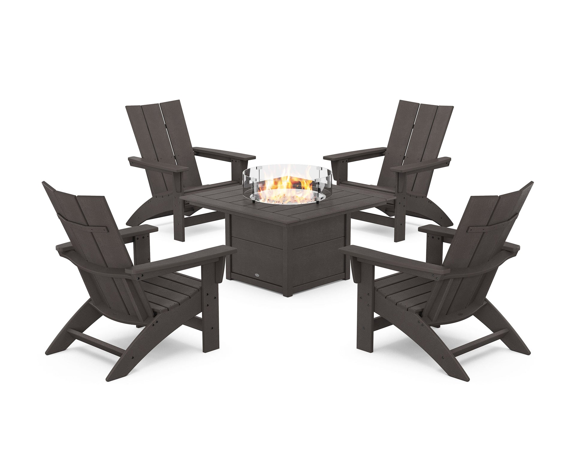 POLYWOOD 5-Piece Modern Grand Adirondack Conversation Set with Fire Pit Table — Vintage Coffee