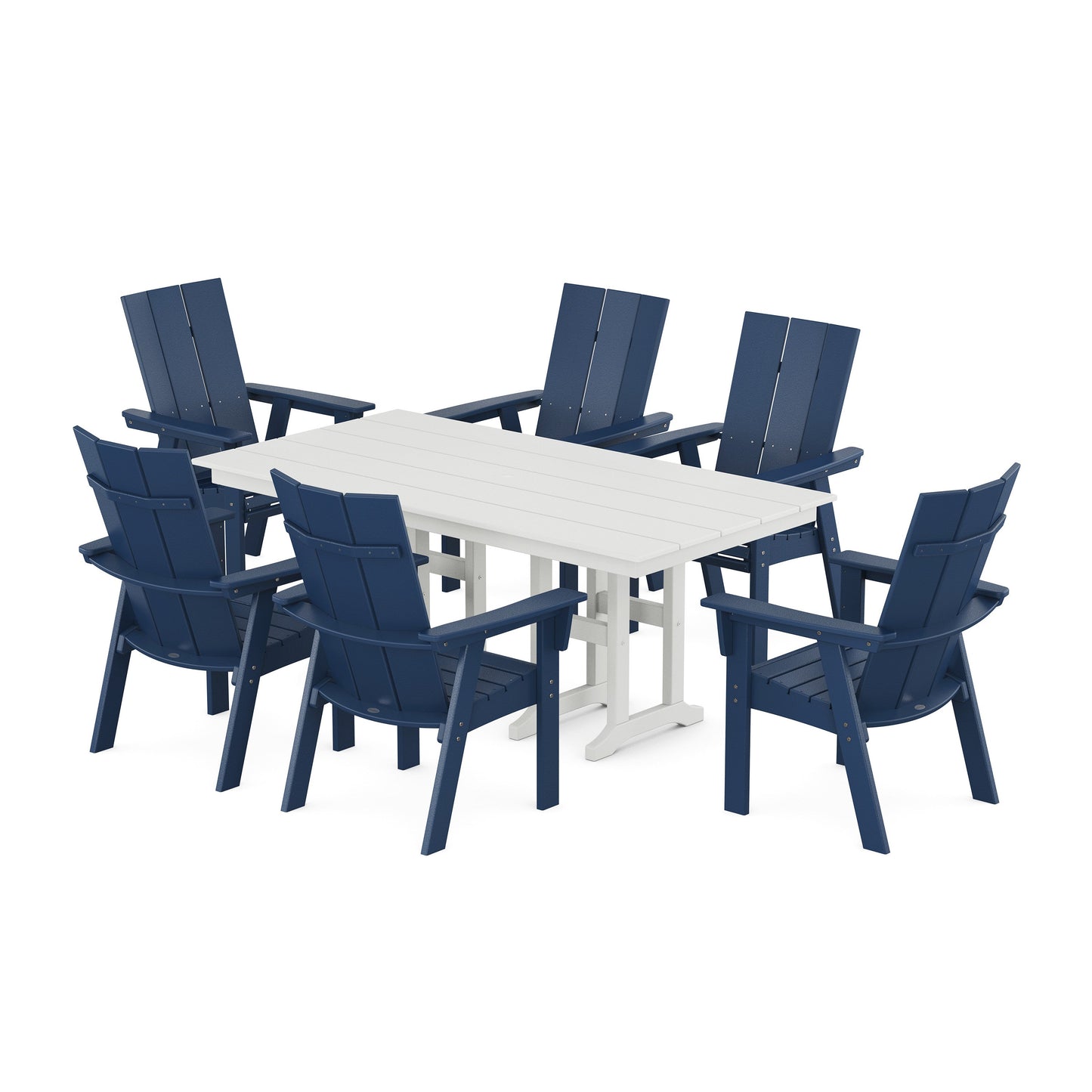 POLYWOOD Modern Curveback Adirondack 7-Piece Farmhouse Dining Set — Navy / White