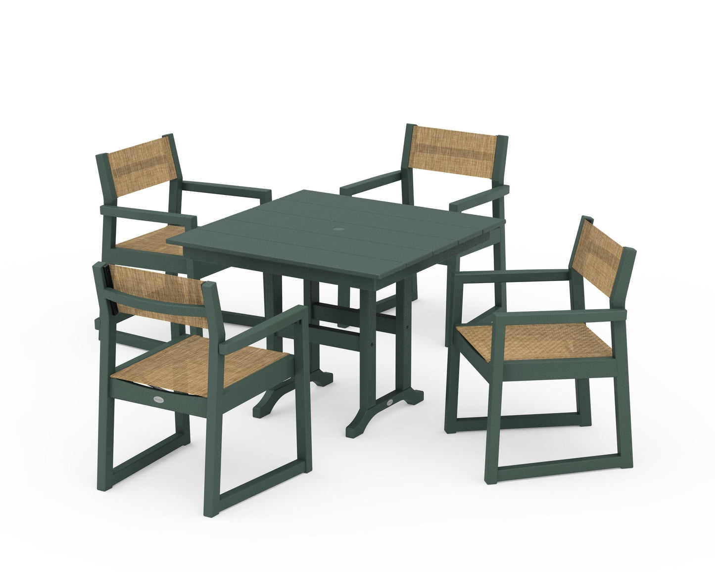 POLYWOOD EDGE Sling Arm Chair 5-Piece Farmhouse Dining Set — Green / Burlap Sling