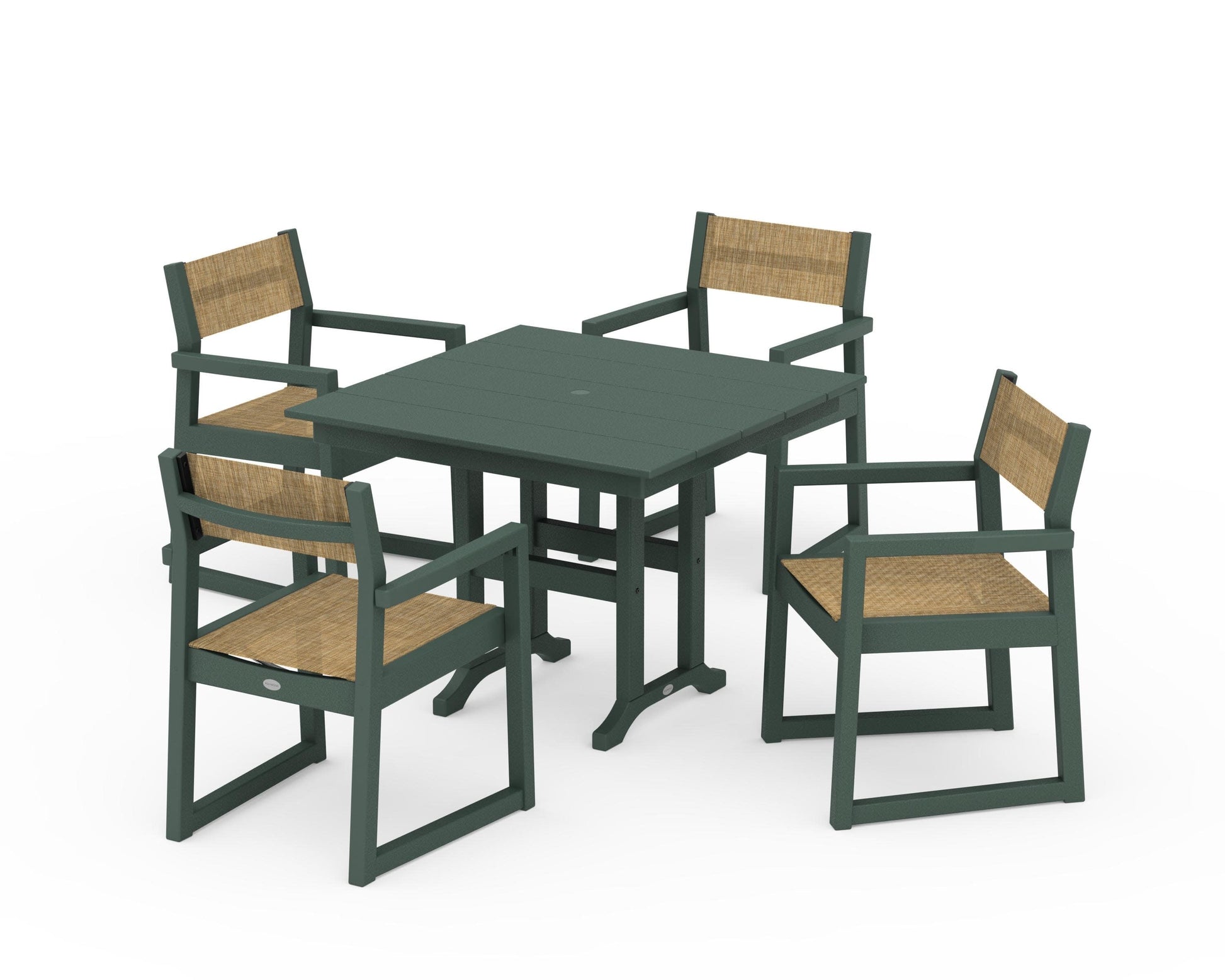 POLYWOOD EDGE Sling Arm Chair 5-Piece Farmhouse Dining Set — Green / Burlap Sling