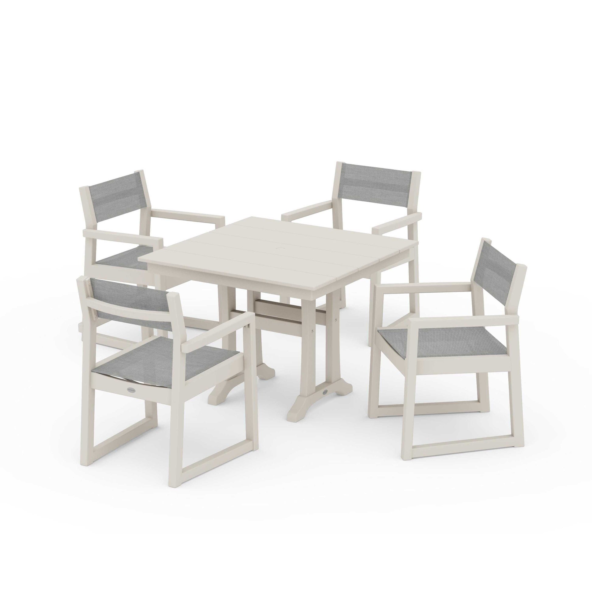 POLYWOOD EDGE Sling 5-Piece Farmhouse Dining Set with Trestle Legs — Sand / Metallic Sling