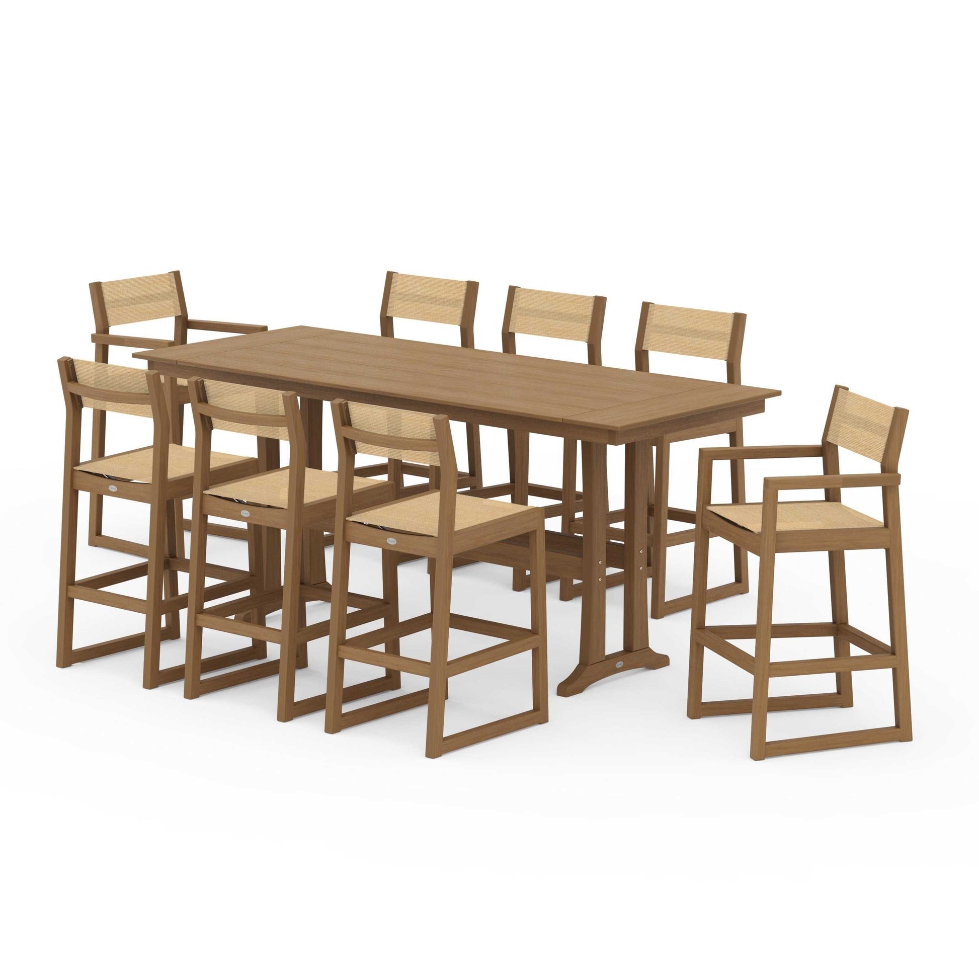 POLYWOOD EDGE Sling 9-Piece Farmhouse Bar Set with Trestle Legs — Natural / Dupioni Apricot Sling