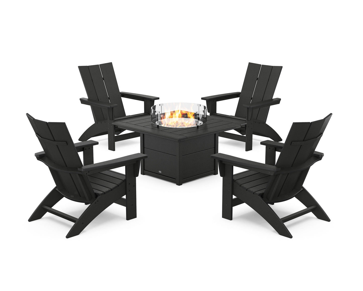 POLYWOOD 5-Piece Modern Grand Adirondack Conversation Set with Fire Pit Table — Black