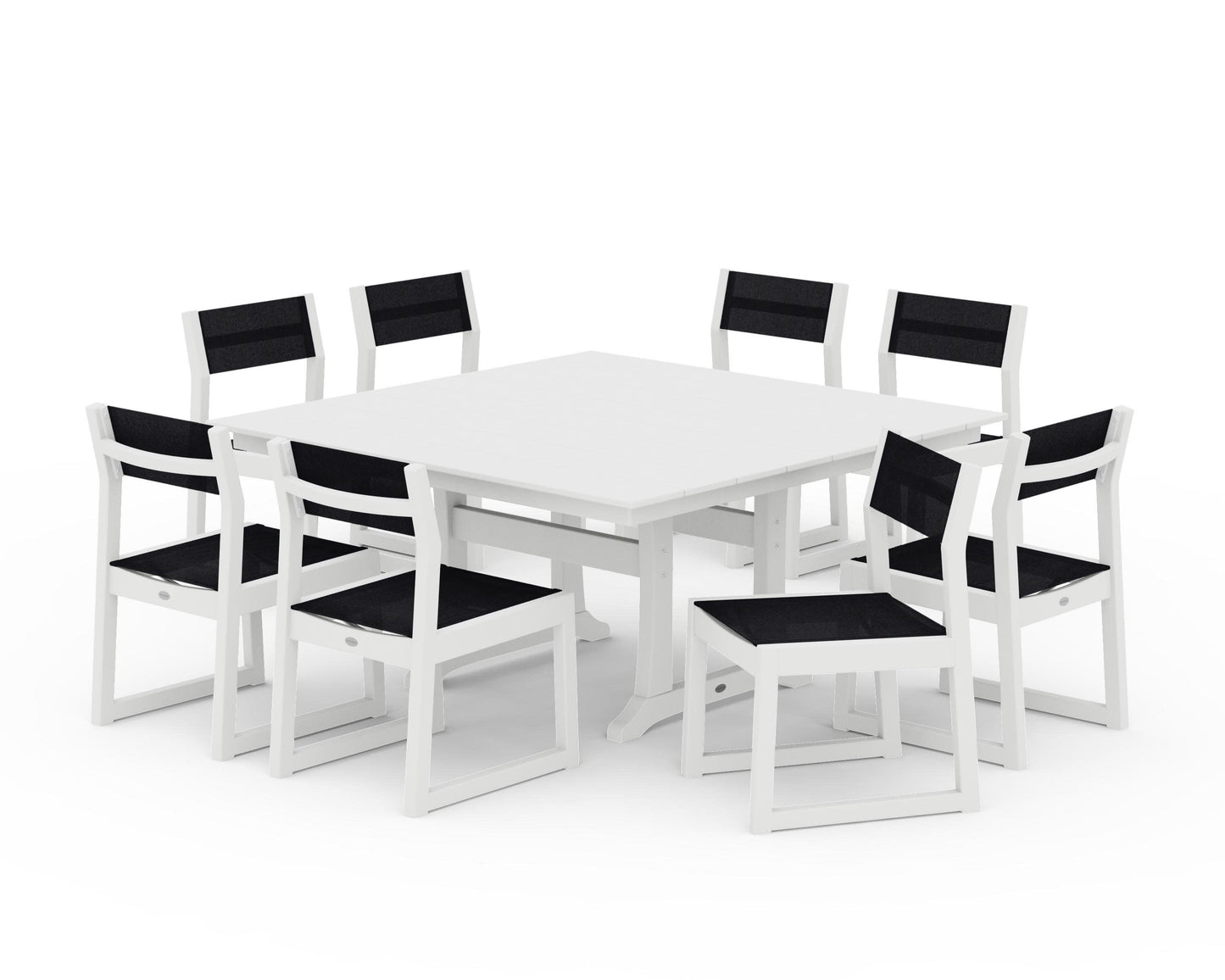 POLYWOOD EDGE Sling Side Chair 9-Piece Farmhouse Trestle Dining Set — White / Black Sling
