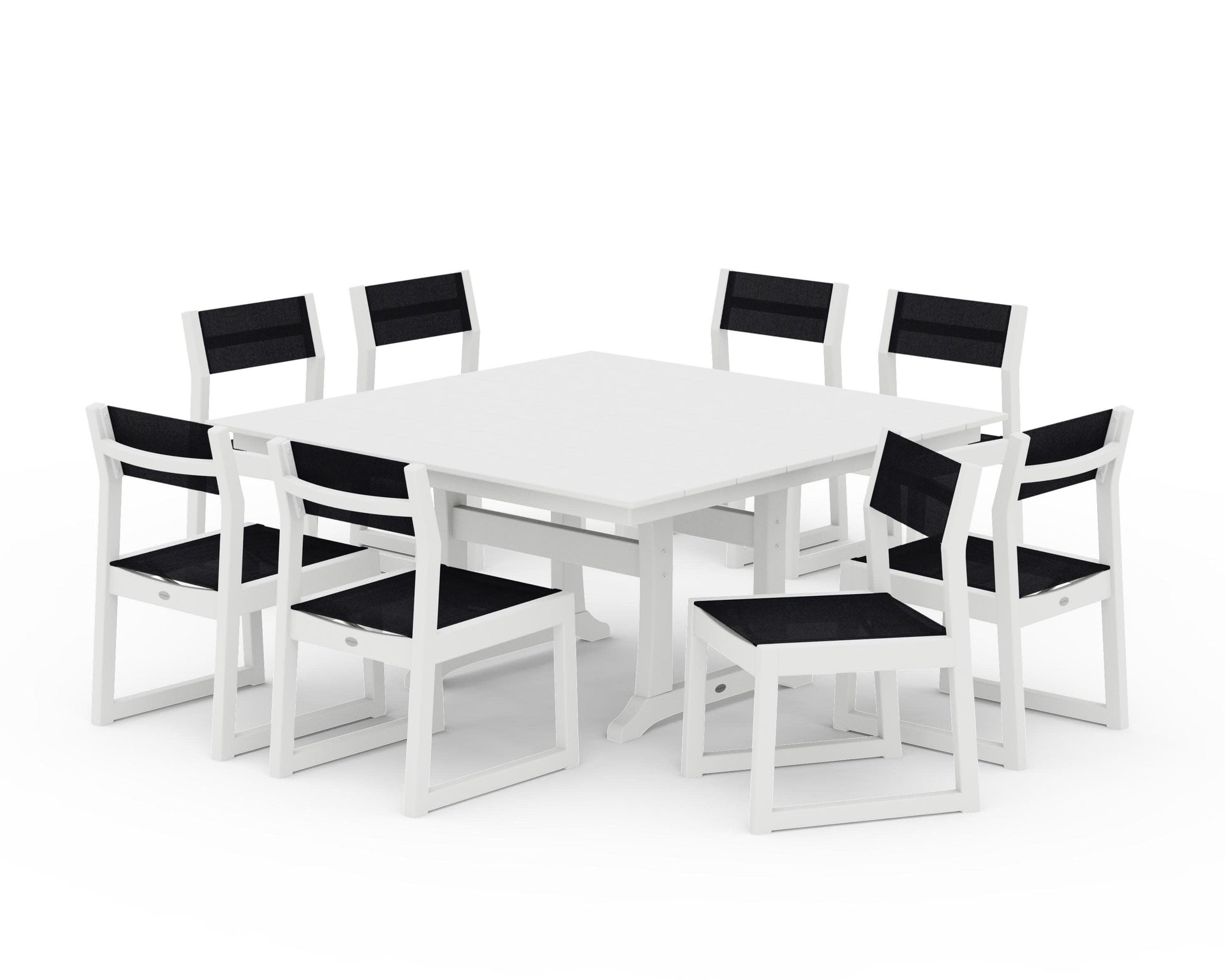 POLYWOOD EDGE Sling Side Chair 9-Piece Farmhouse Trestle Dining Set — White / Black Sling