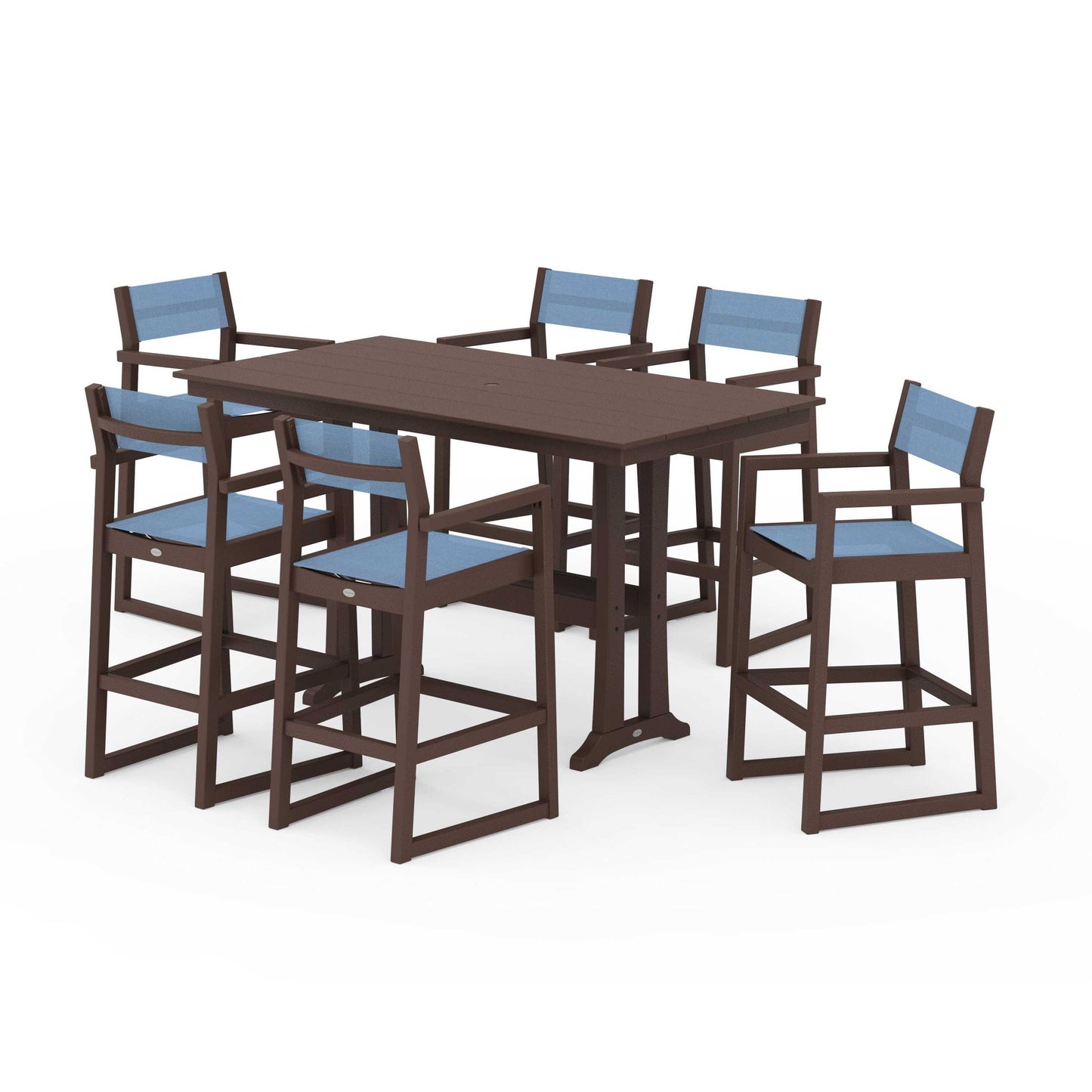POLYWOOD EDGE Sling Arm Chair 7-Piece Farmhouse Bar Set with Trestle Legs — Mahogany / Poolside Sling
