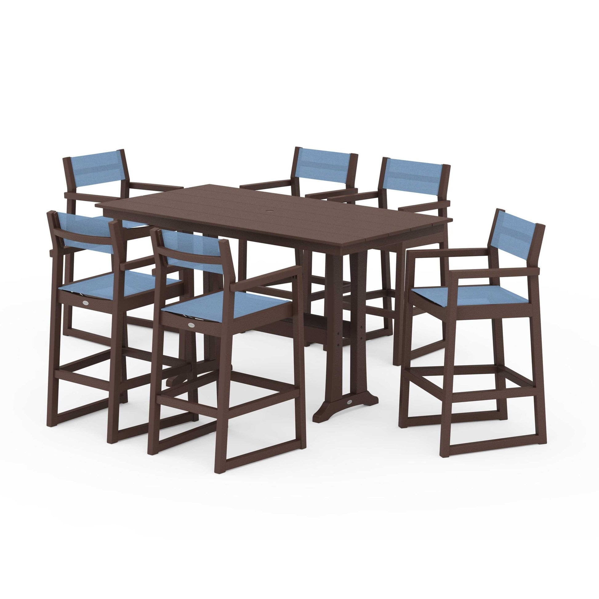 POLYWOOD EDGE Sling Arm Chair 7-Piece Farmhouse Bar Set with Trestle Legs — Mahogany / Poolside Sling