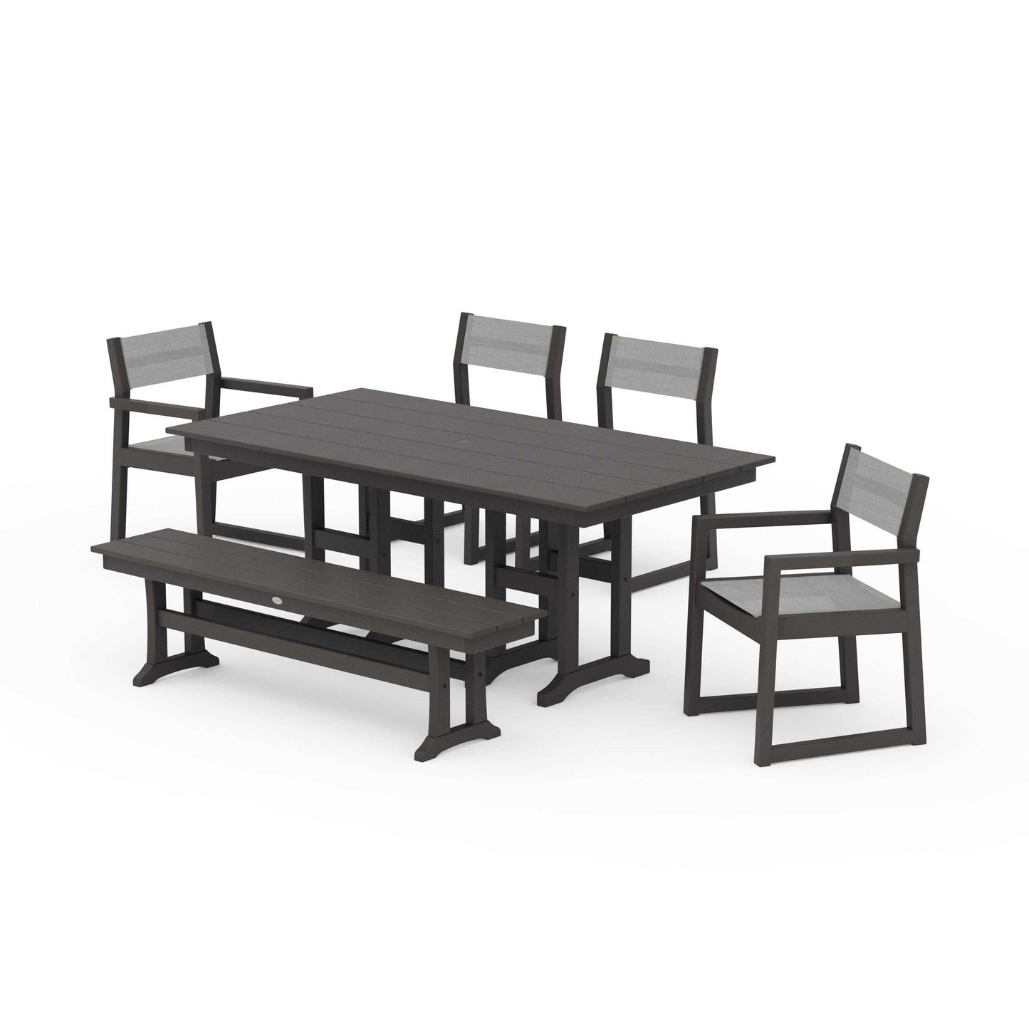 POLYWOOD EDGE Sling 6-Piece Farmhouse Dining Set — Vintage Coffee / Metallic Sling