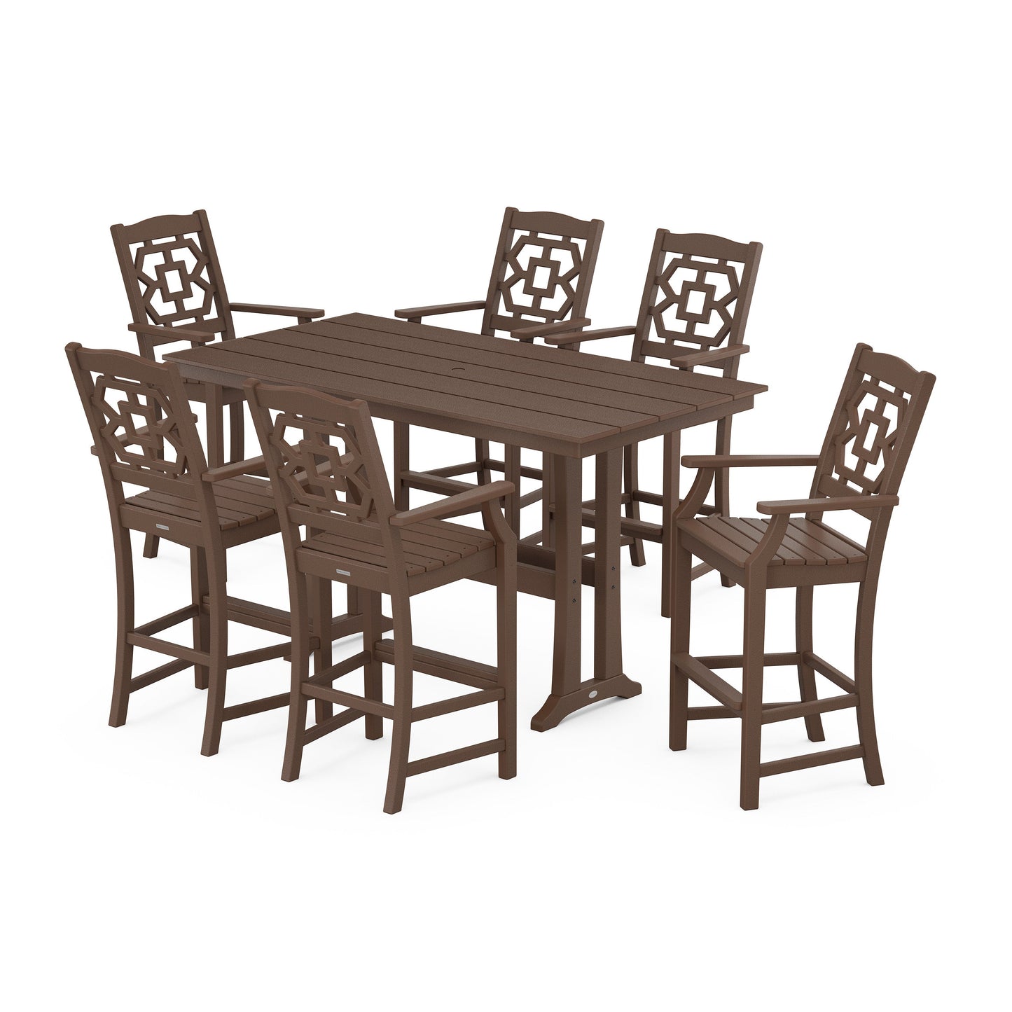 POLYWOOD Chinoiserie Arm Chair 7-Piece Farmhouse Bar Set with Trestle Legs — Mahogany