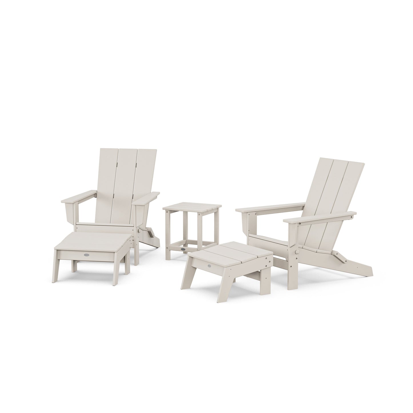 POLYWOOD 5-Piece Modern Studio Folding Adirondack Set with Ottomans and Side Table — Sand