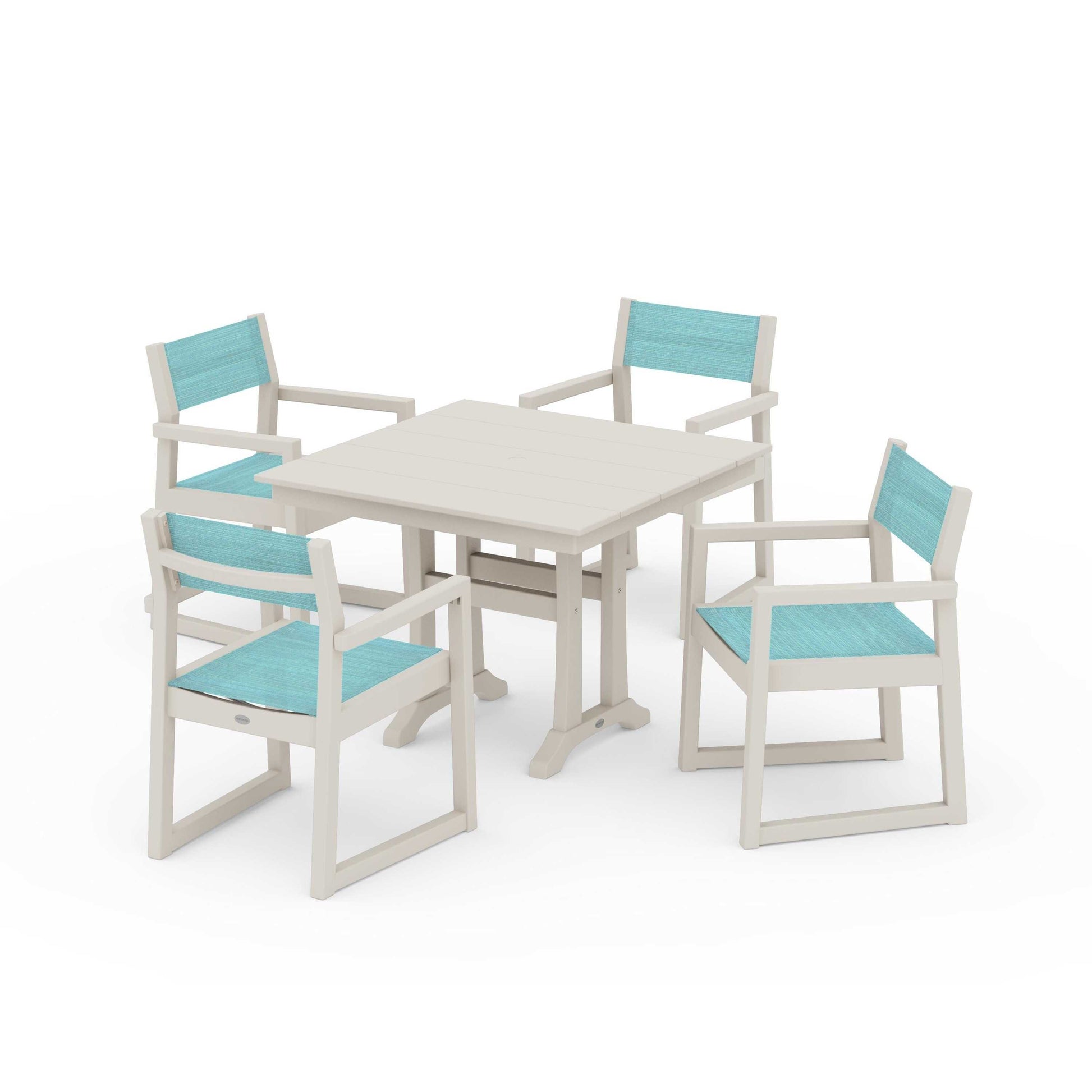 POLYWOOD EDGE Sling 5-Piece Farmhouse Dining Set with Trestle Legs — Sand / Dupioni Aquamarine Sling