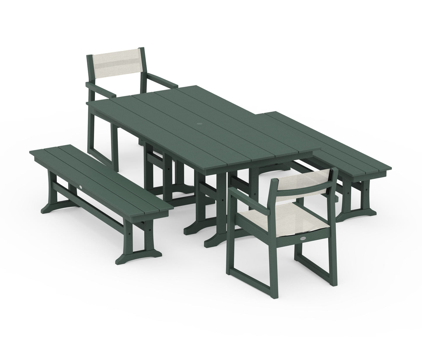 POLYWOOD EDGE Sling Arm Chair 5-Piece Farmhouse Dining Set with Benches — Green / Parchment Sling