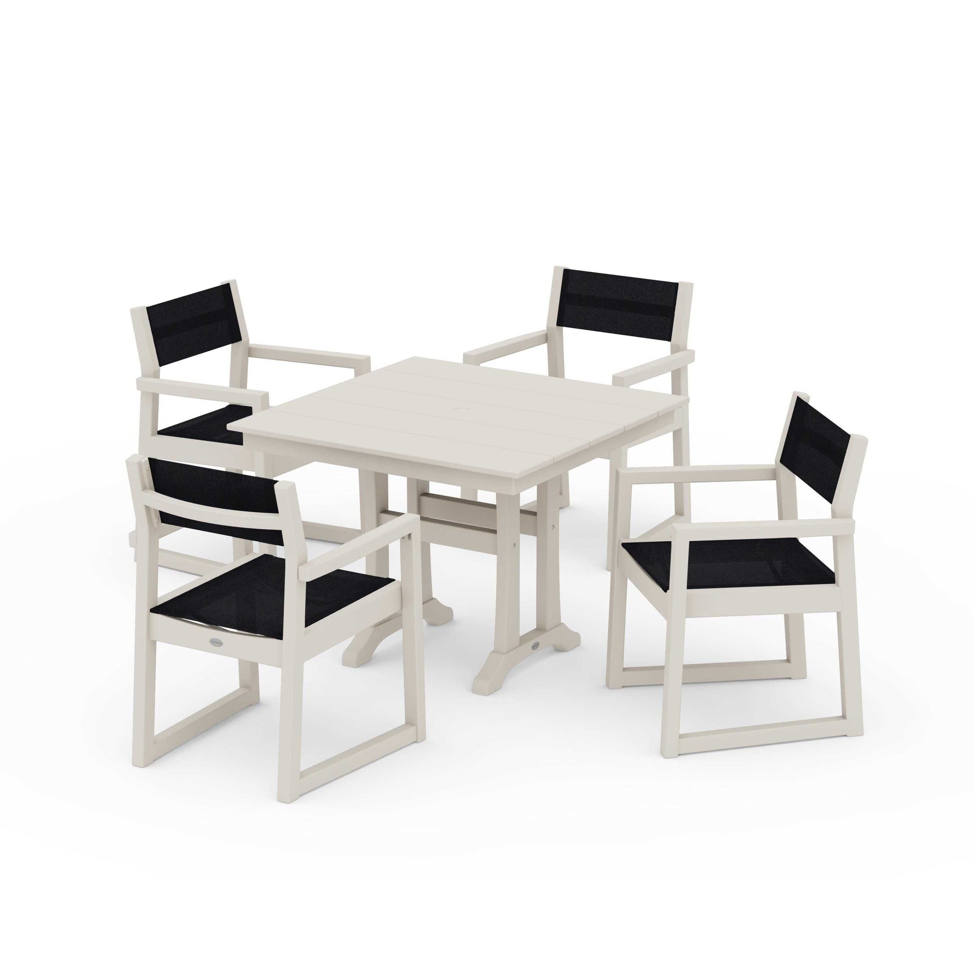 POLYWOOD EDGE Sling 5-Piece Farmhouse Dining Set with Trestle Legs — Sand / Black Sling
