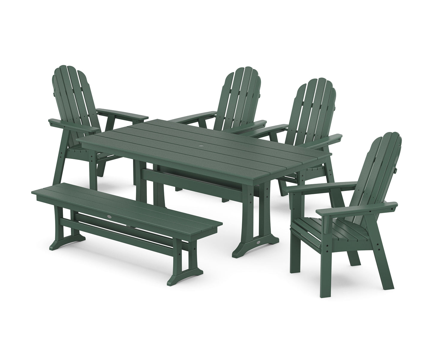 POLYWOOD Vineyard Curveback Adirondack Chair 6-Piece Farmhouse Dining Set with Trestle Legs and Bench — Green