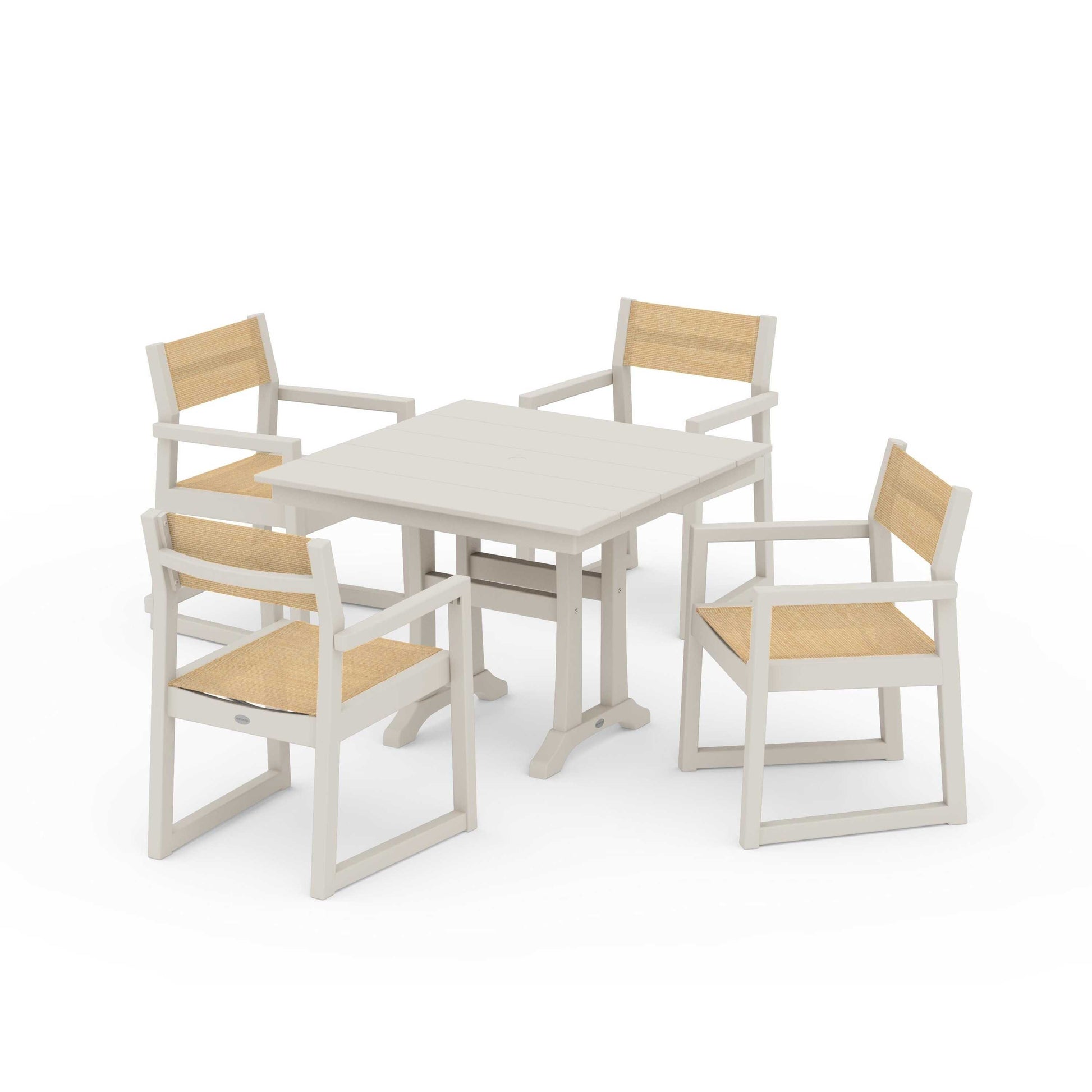 POLYWOOD EDGE Sling 5-Piece Farmhouse Dining Set with Trestle Legs — Sand / Dupioni Apricot Sling