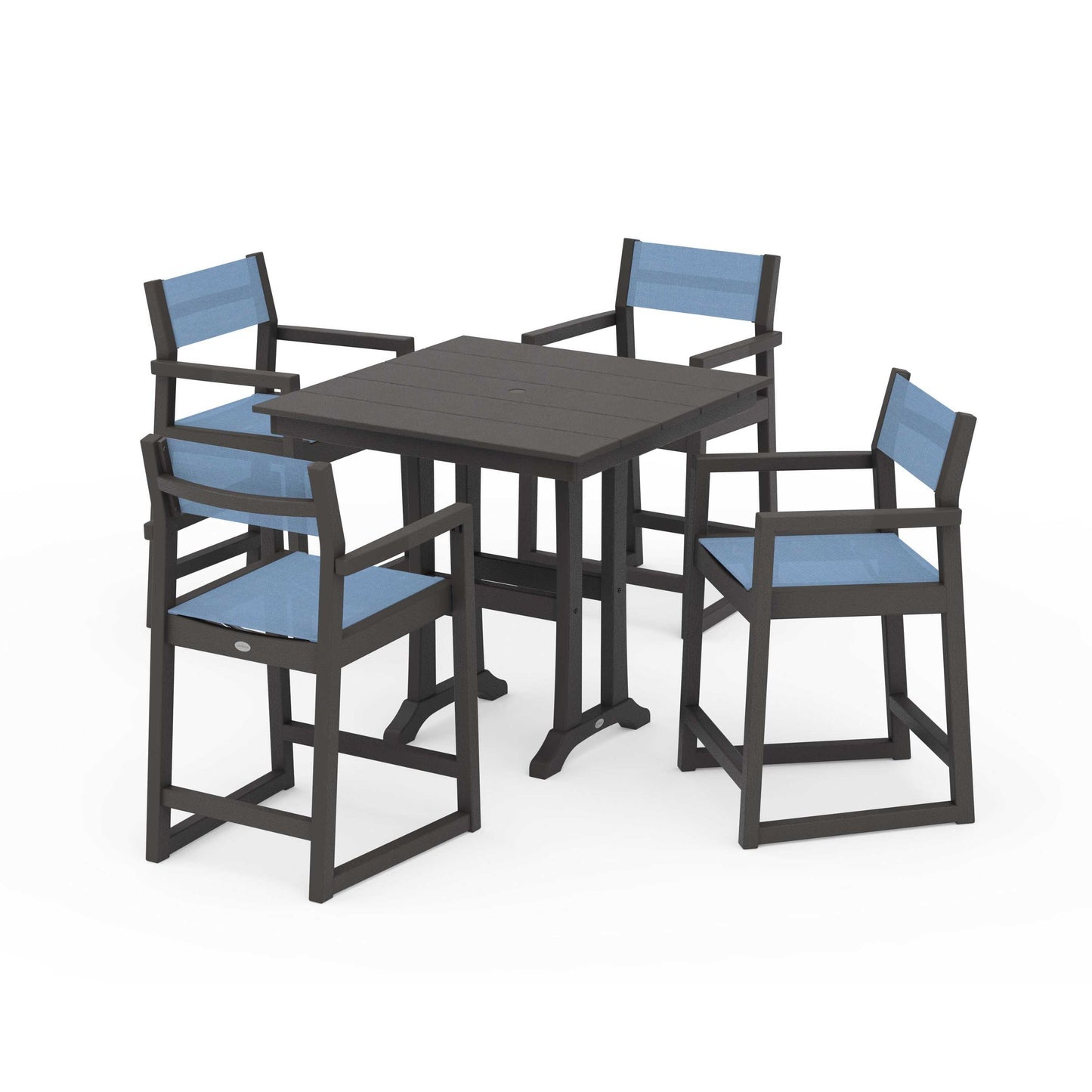 POLYWOOD EDGE Sling Arm Chair 5-Piece Farmhouse Counter Set with Trestle Legs — Vintage Coffee / Poolside Sling
