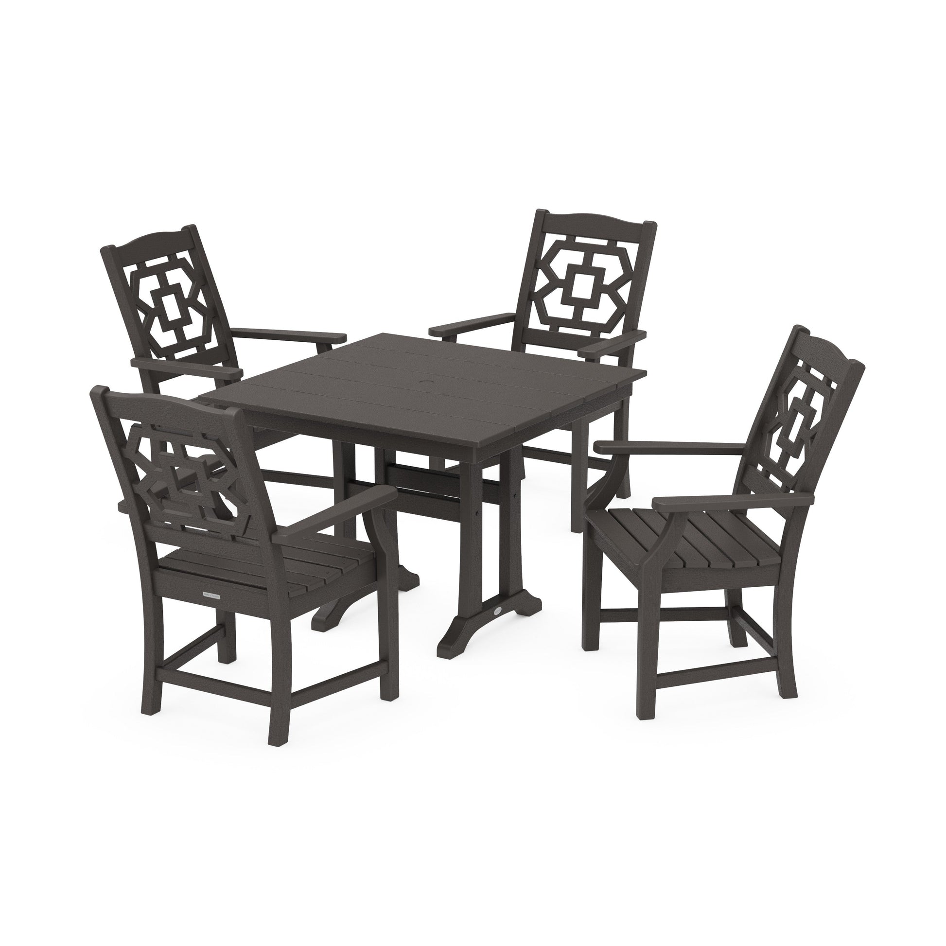 POLYWOOD Chinoiserie 5-Piece Farmhouse Dining Set with Trestle Legs — Vintage Coffee