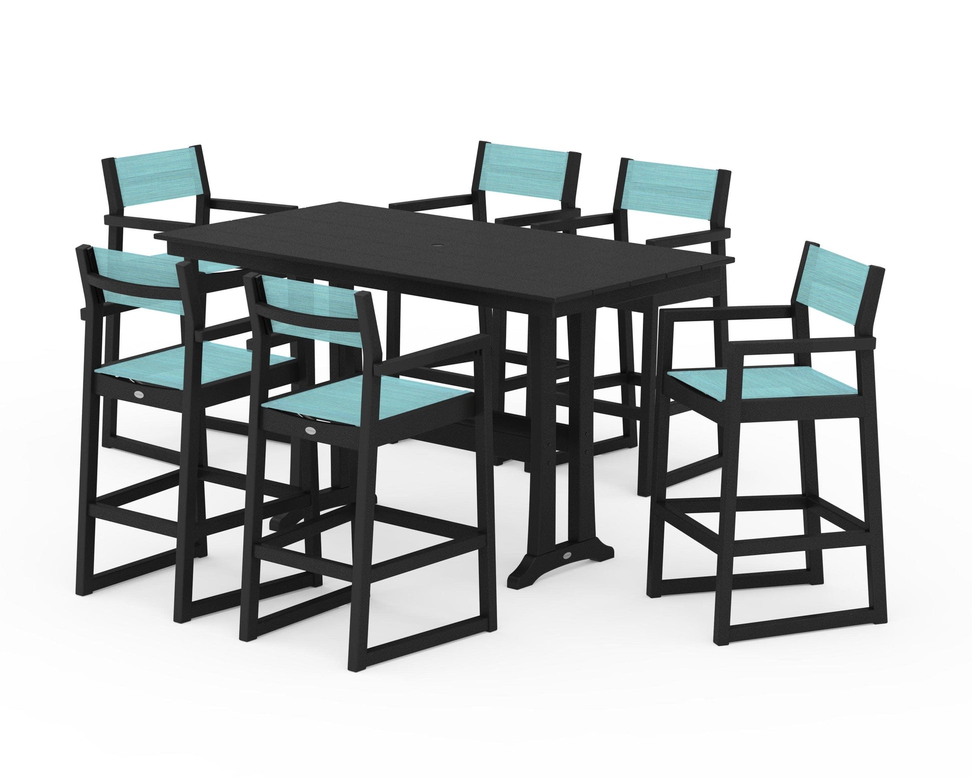 POLYWOOD EDGE Sling Arm Chair 7-Piece Farmhouse Bar Set with Trestle Legs — Black / Dupioni Aquamarine Sling