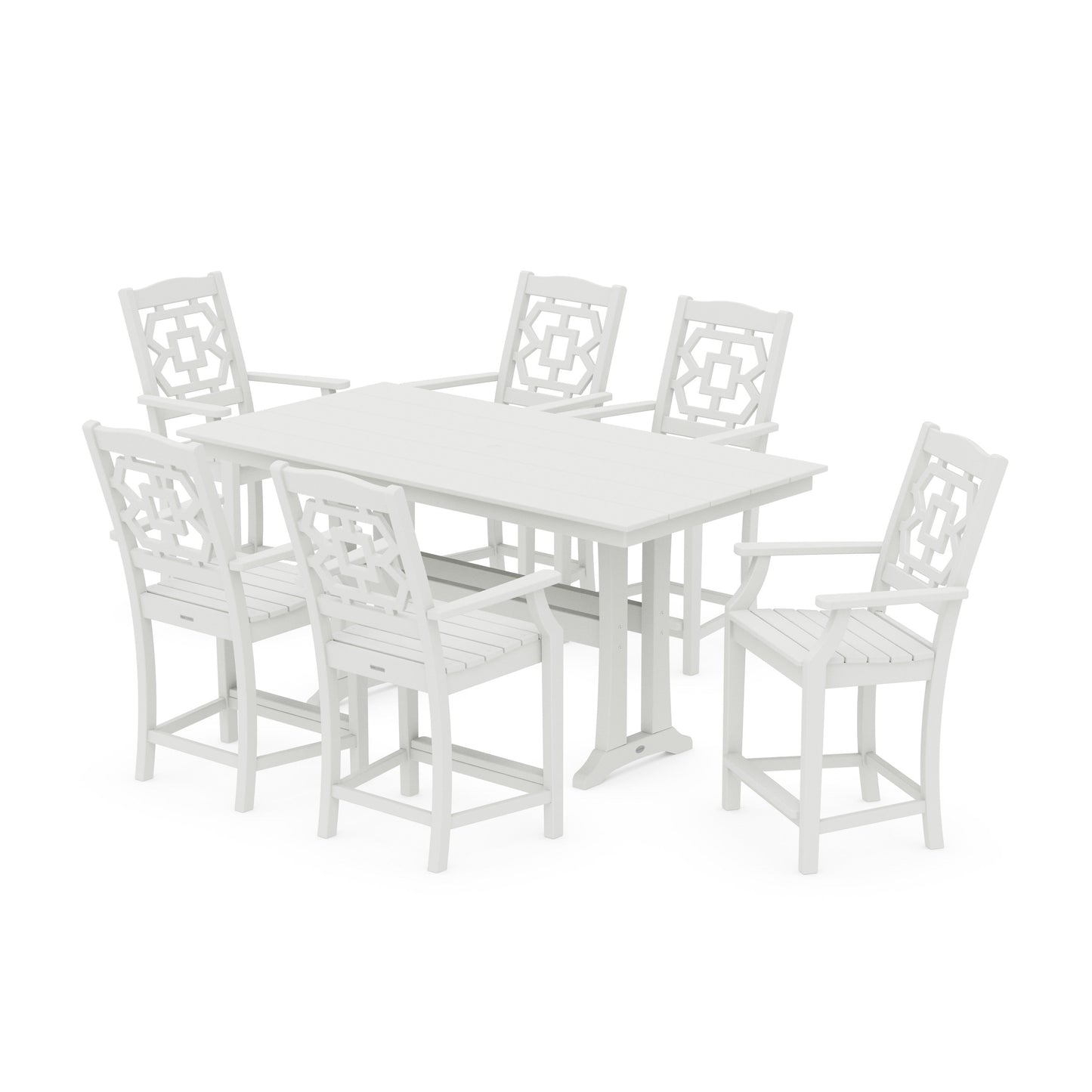 POLYWOOD Chinoiserie Arm Chair 7-Piece Farmhouse Counter Set with Trestle Legs — Vintage White