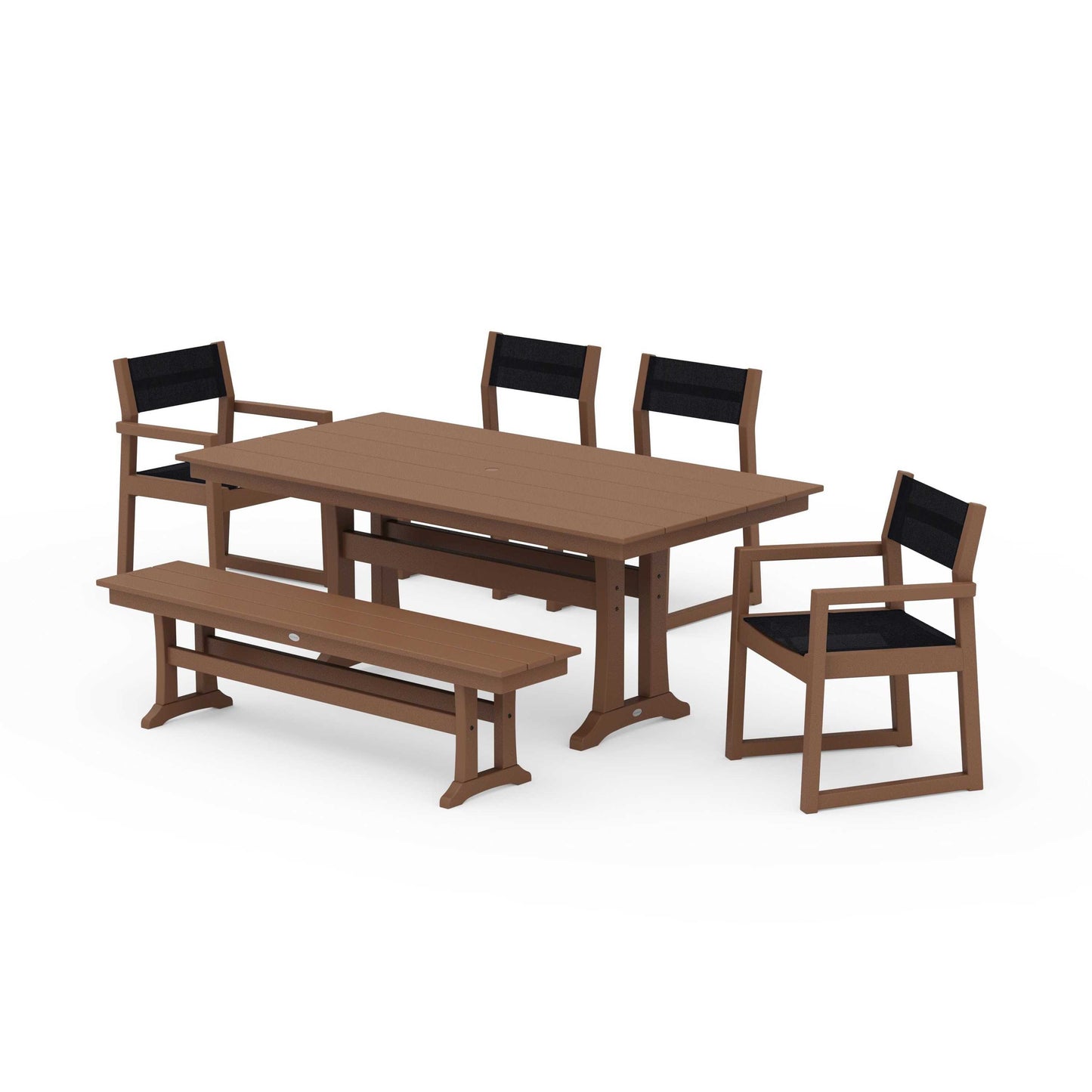 POLYWOOD EDGE Sling 6-Piece Farmhouse Dining Set With Trestle Legs — Teak / Black Sling