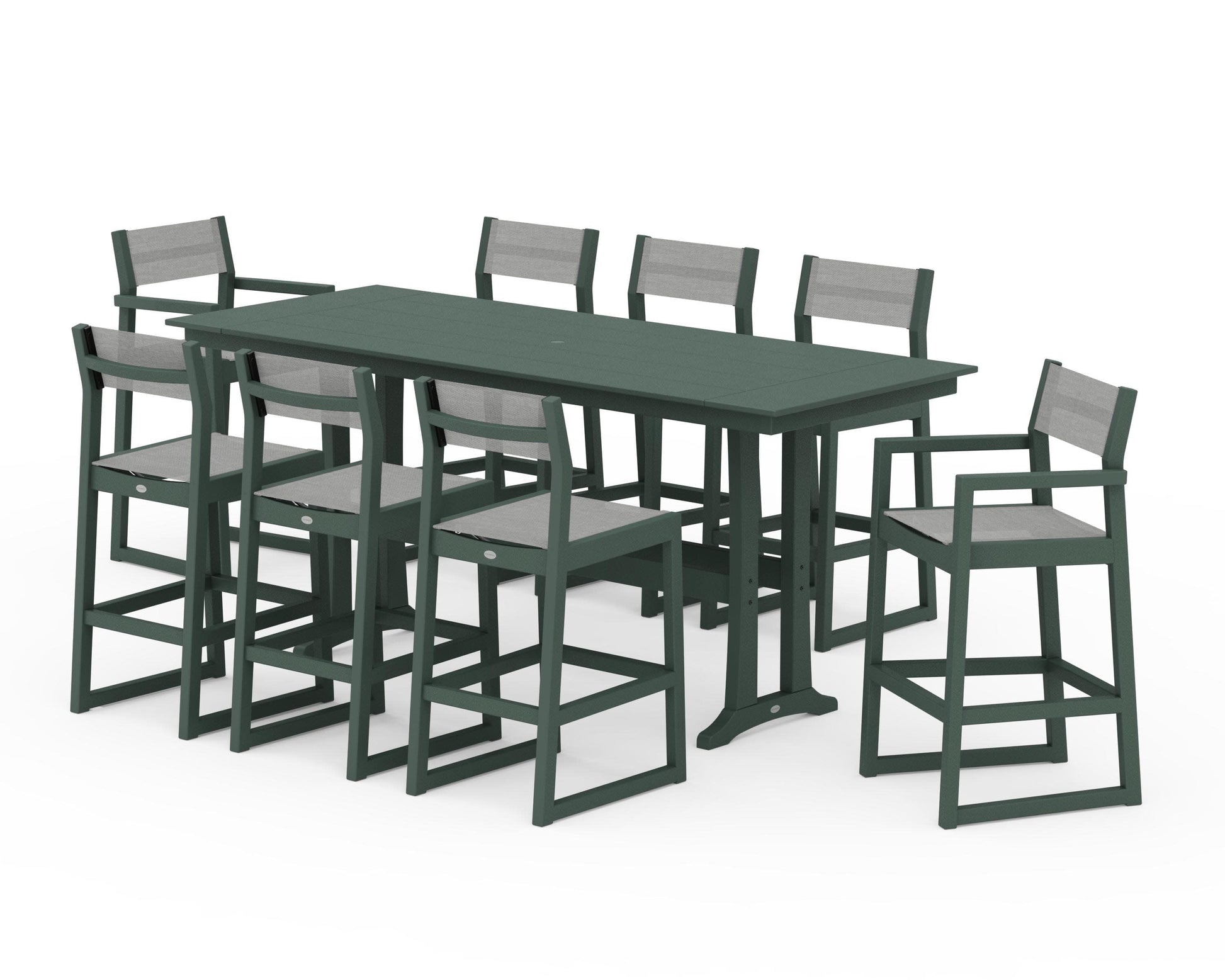 POLYWOOD EDGE Sling 9-Piece Farmhouse Bar Set with Trestle Legs — Green / Metallic Sling
