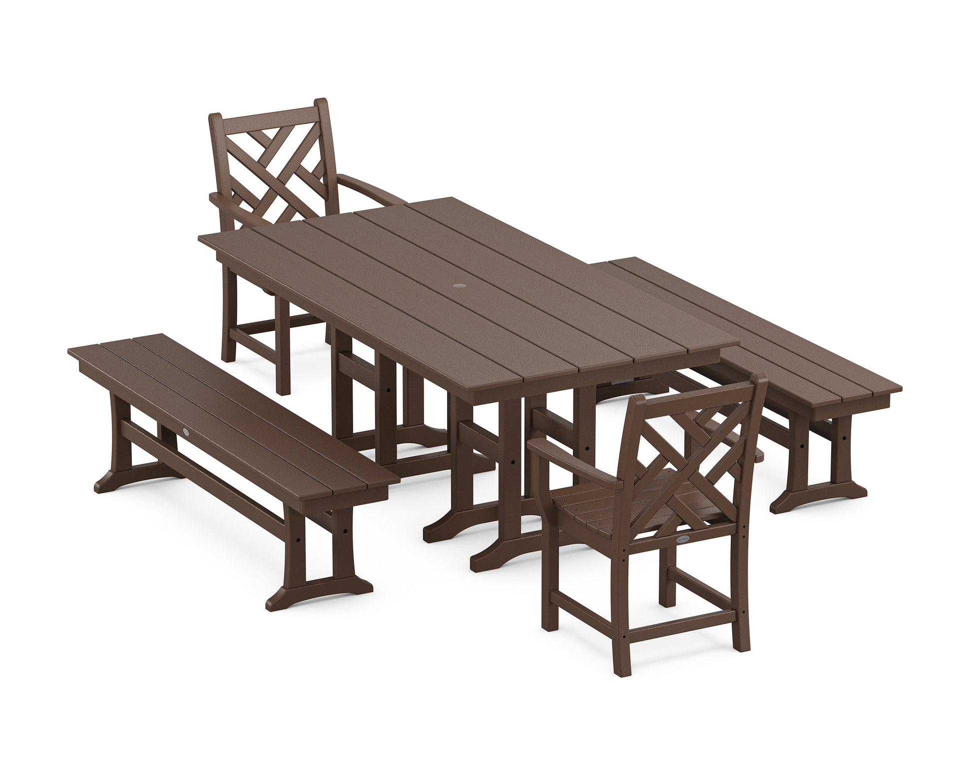POLYWOOD Chippendale 5-Piece Farmhouse Dining Set with Benches — Mahogany