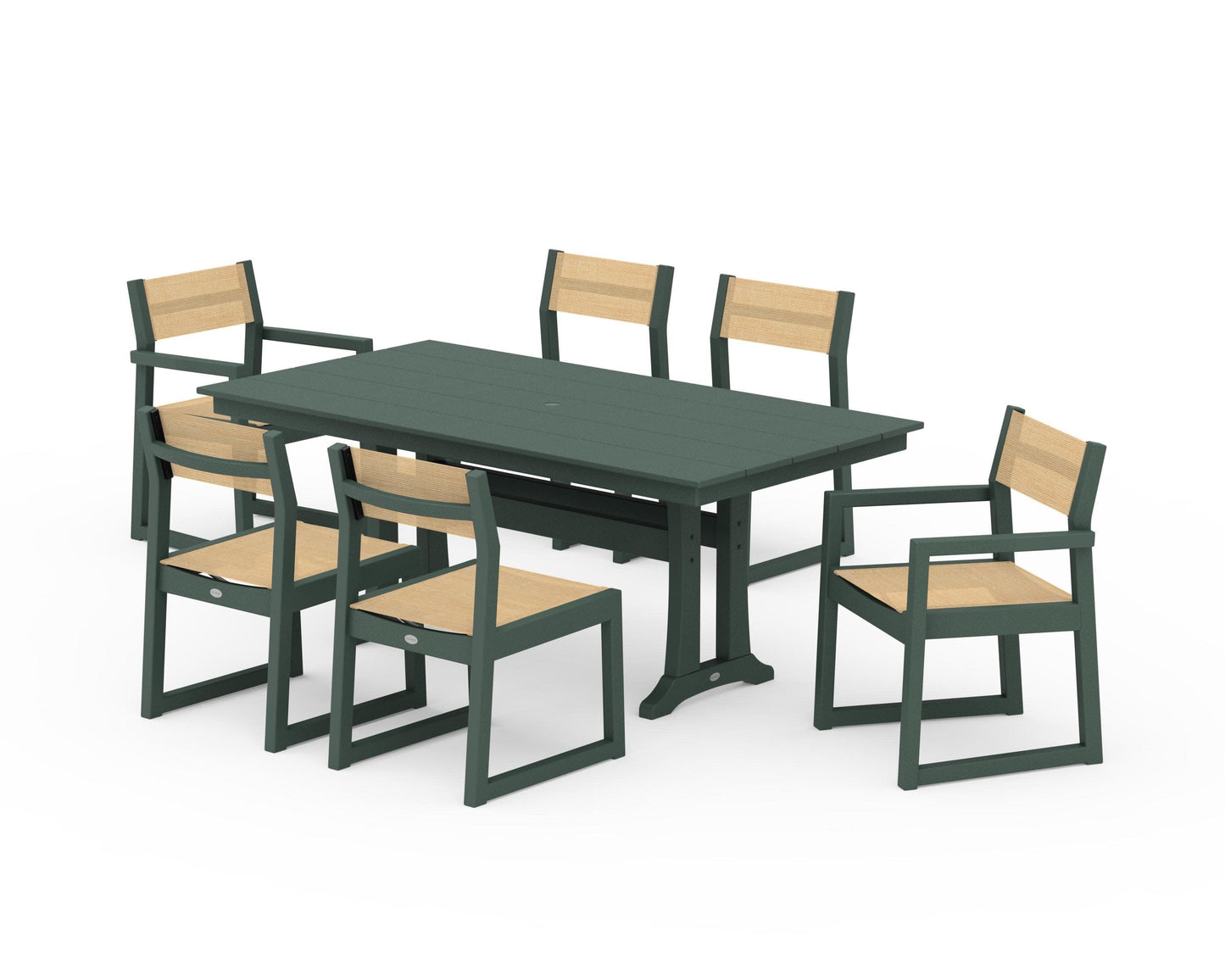 POLYWOOD EDGE Sling 7-Piece Farmhouse Trestle Dining Set — Green / Dupioni Apricot Sling