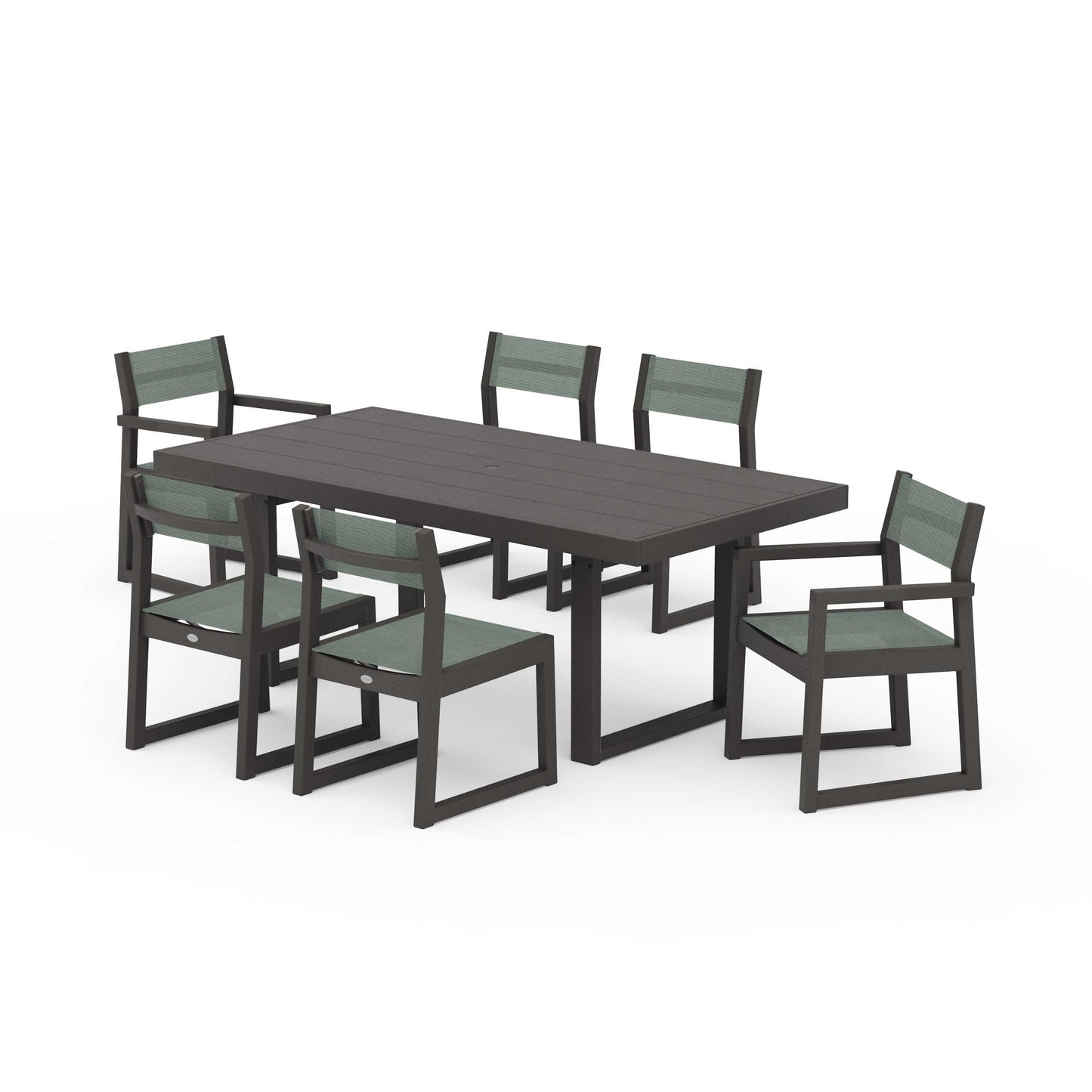 POLYWOOD EDGE Sling 7-Piece Dining Set — Vintage Coffee / Dupioni Sea Mist Sling