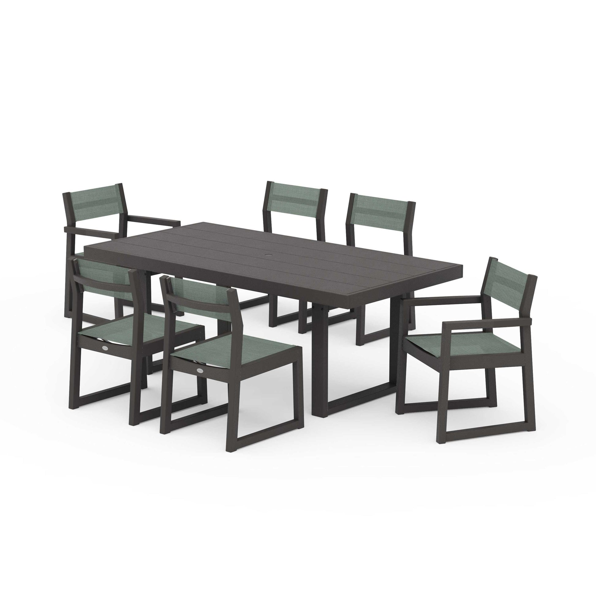 POLYWOOD EDGE Sling 7-Piece Dining Set — Vintage Coffee / Dupioni Sea Mist Sling