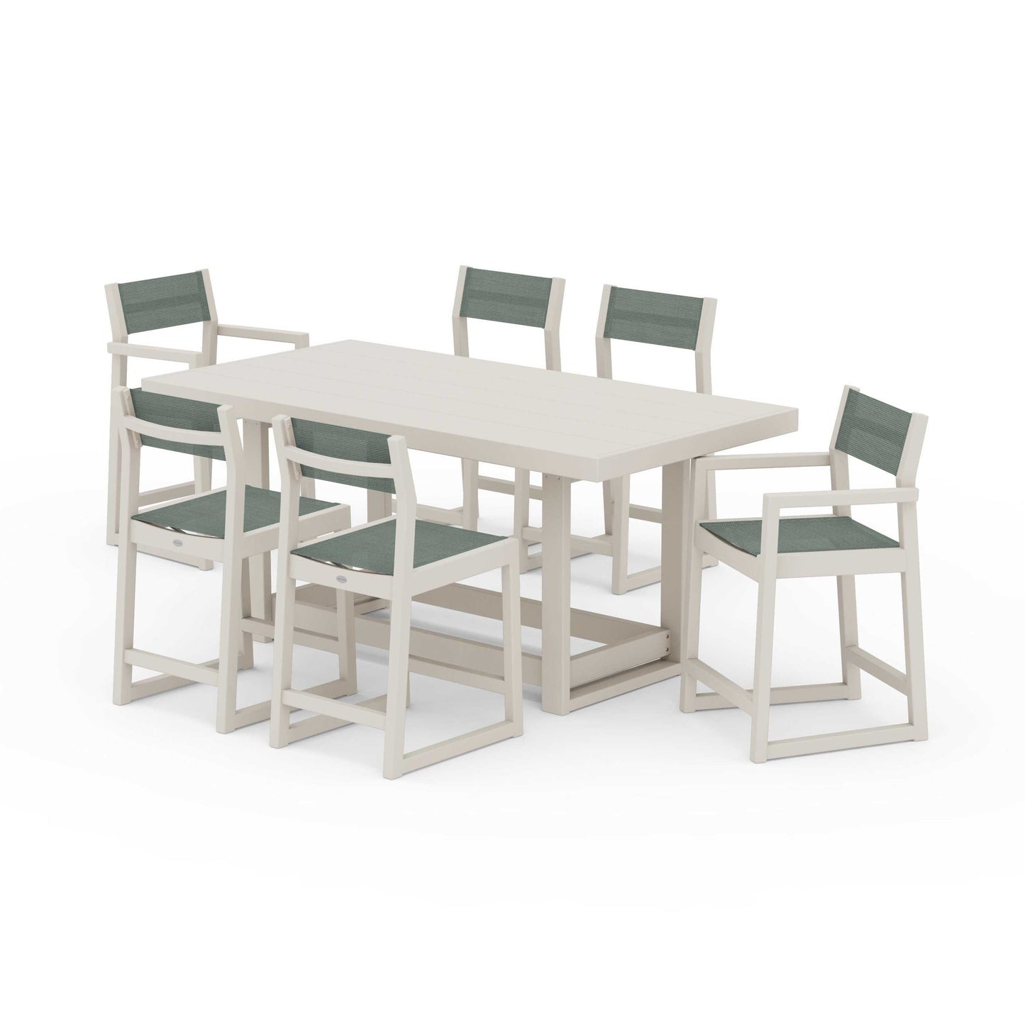 POLYWOOD EDGE Sling 7-Piece Counter Table Set — Sand / Dupioni Sea Mist Sling