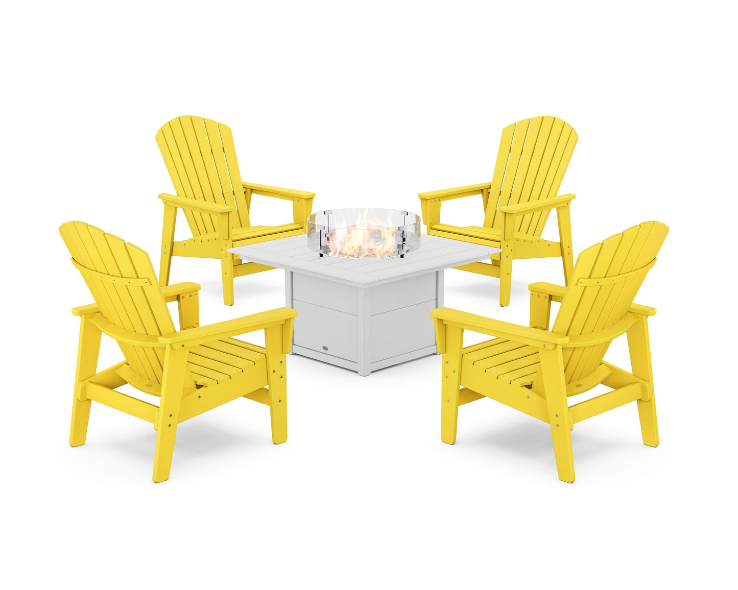 POLYWOOD 5-Piece Nautical Grand Upright Adirondack Conversation Set with Fire Pit Table — Lemon / White