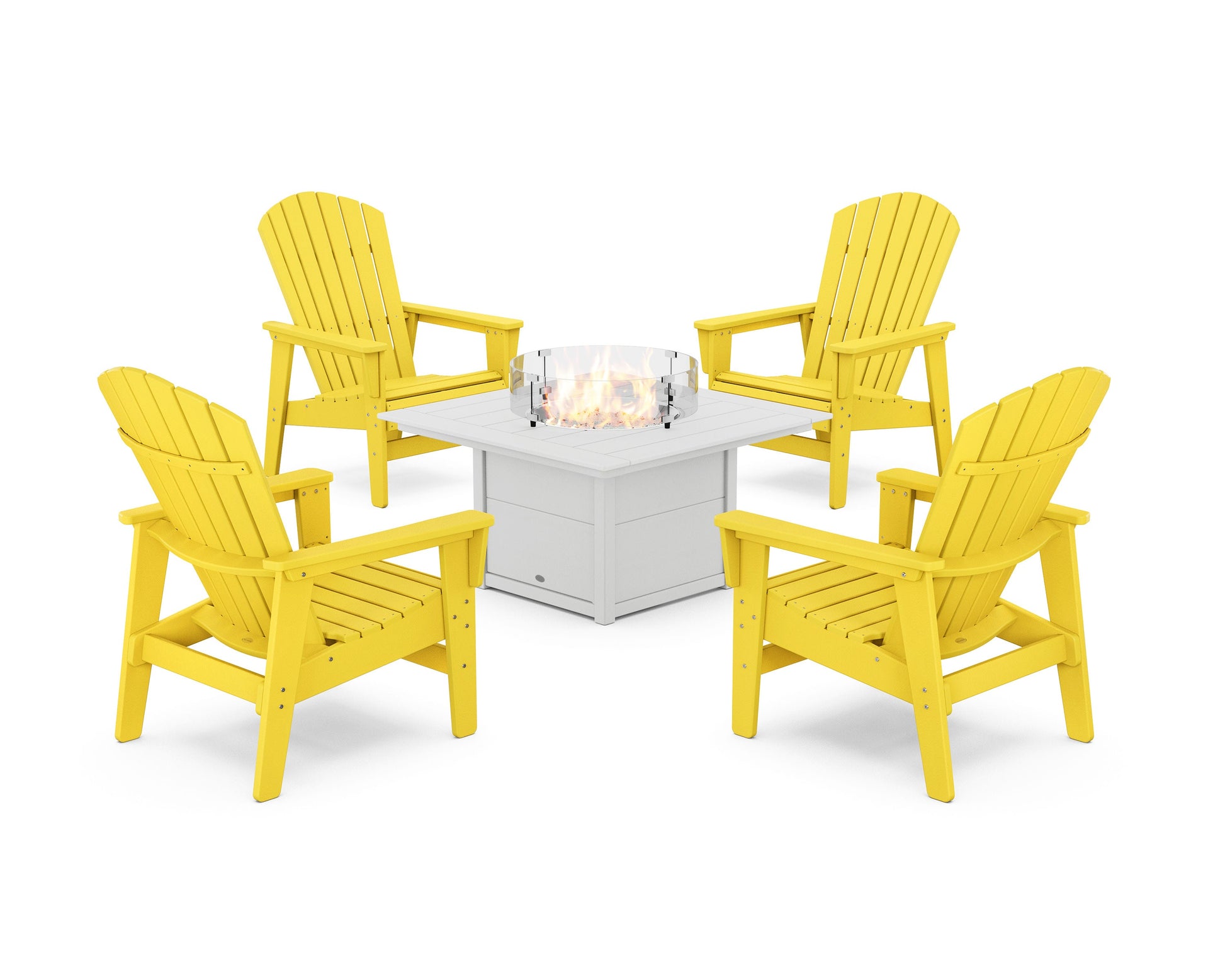 POLYWOOD 5-Piece Nautical Grand Upright Adirondack Conversation Set with Fire Pit Table — Lemon / White