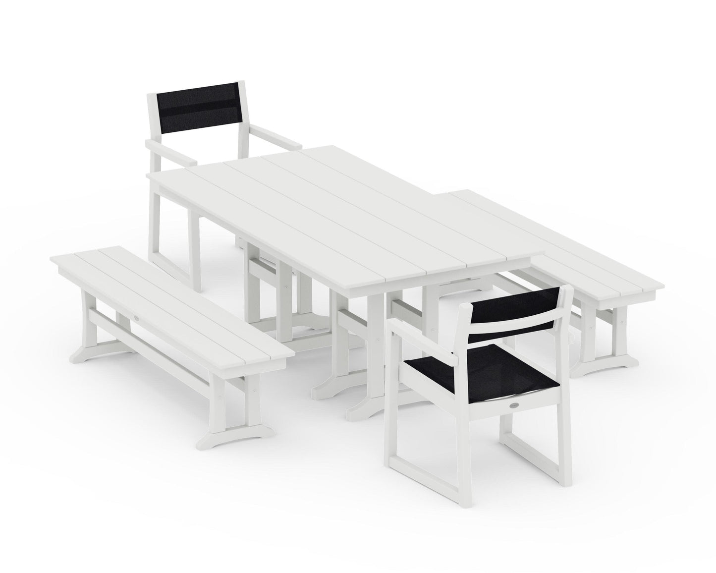 POLYWOOD EDGE Sling Arm Chair 5-Piece Farmhouse Dining Set with Benches — Vintage White / Black Sling