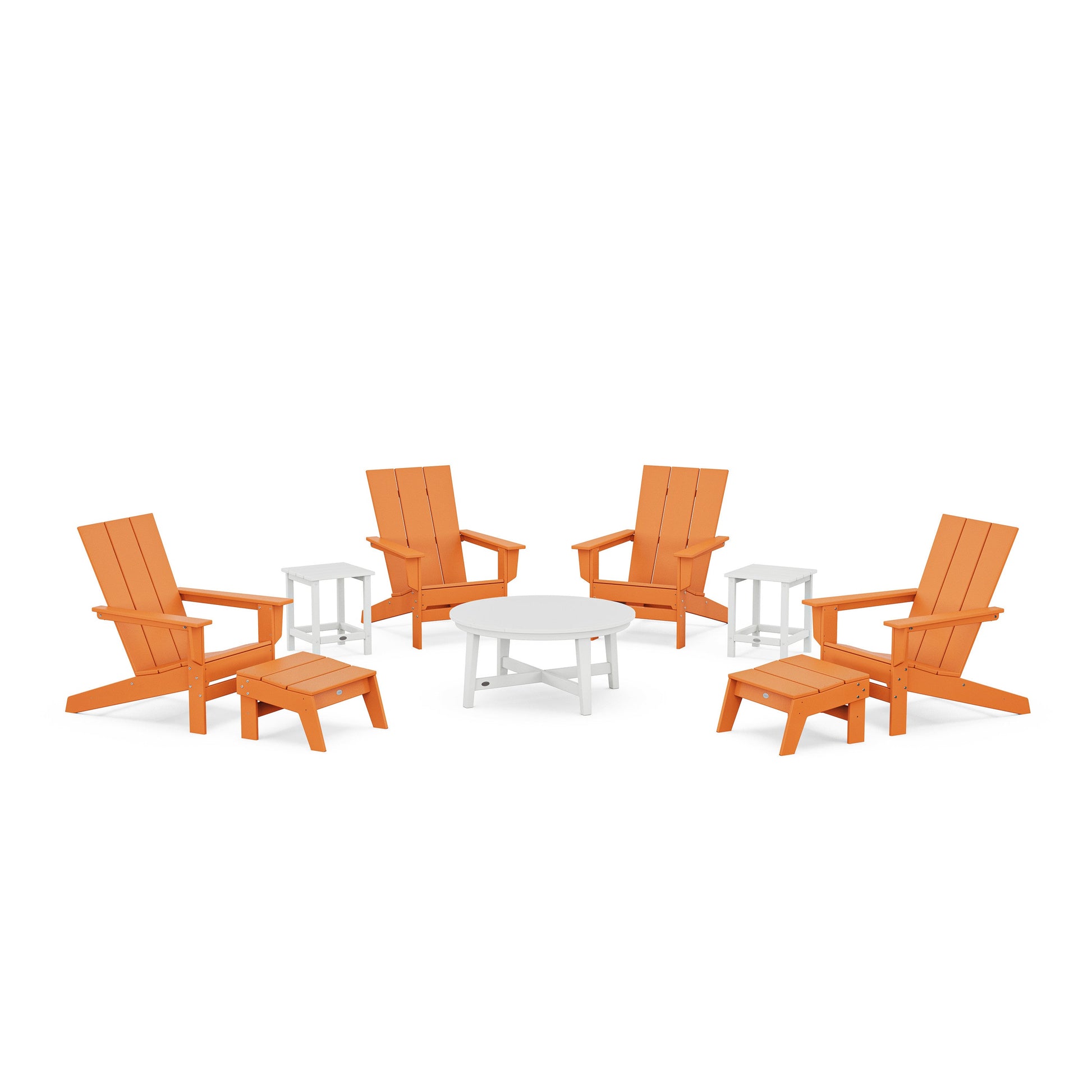 POLYWOOD Modern Studio Adirondack 9-Piece Conversation Set — Tangerine / White