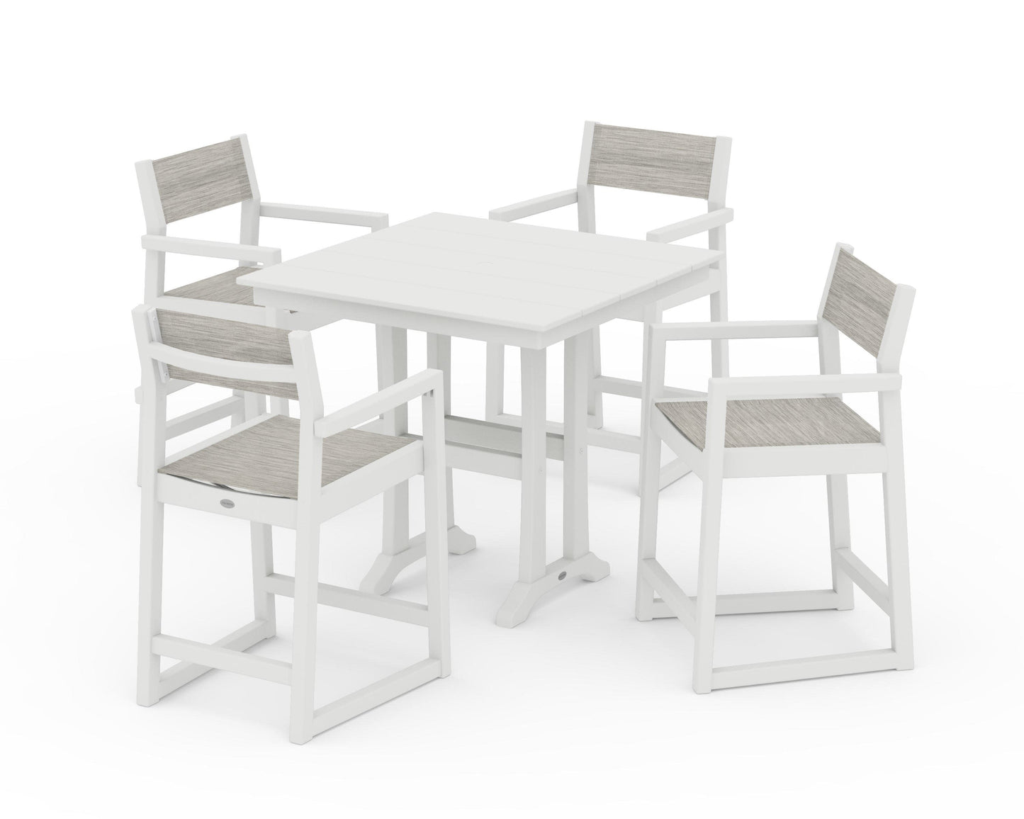 POLYWOOD EDGE Sling Arm Chair 5-Piece Farmhouse Counter Set with Trestle Legs — Vintage White / Birch Sling
