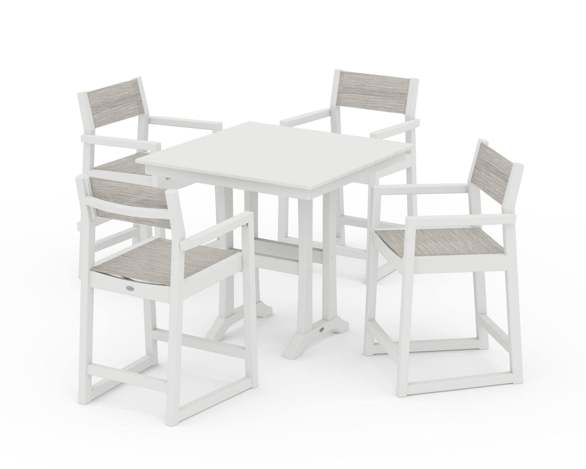 POLYWOOD EDGE Sling Arm Chair 5-Piece Farmhouse Counter Set with Trestle Legs — Vintage White / Birch Sling