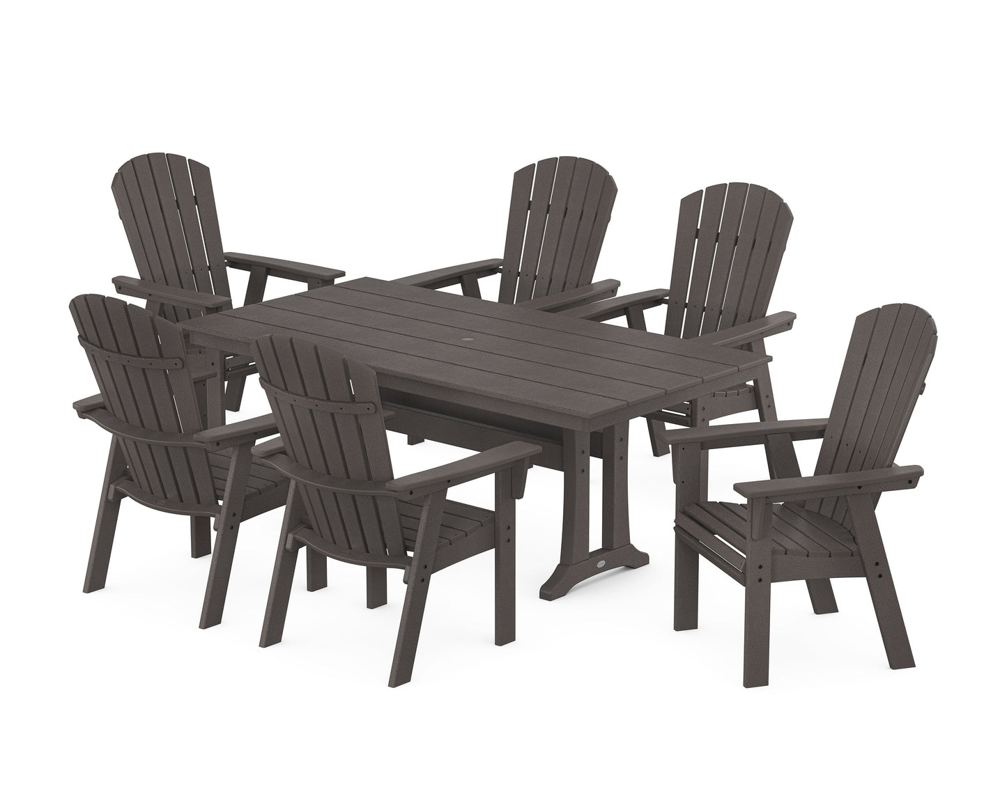 POLYWOOD Nautical Curveback Adirondack 7-Piece Farmhouse Dining Set with Trestle Legs — Vintage Coffee