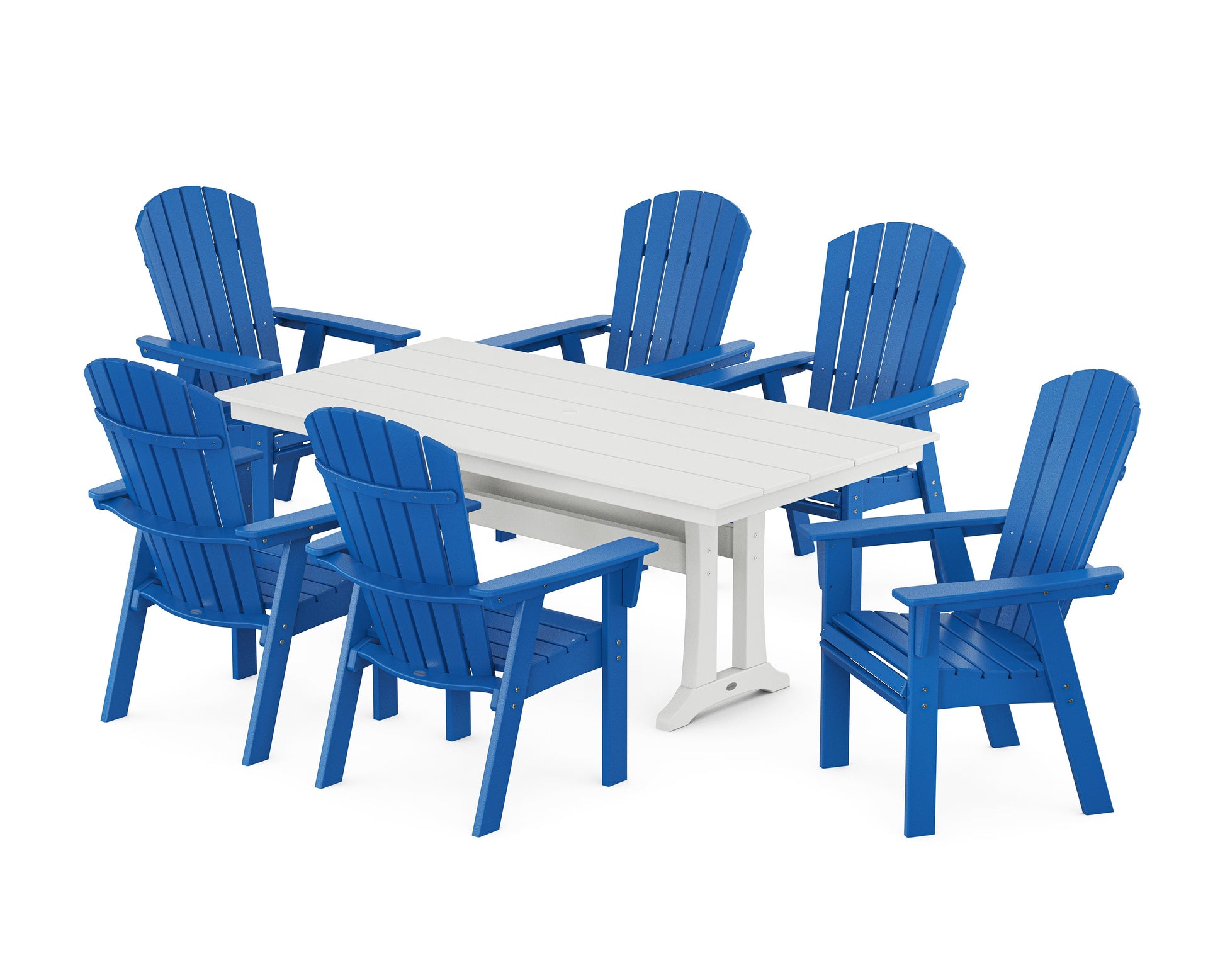 POLYWOOD Nautical Curveback Adirondack 7-Piece Farmhouse Dining Set with Trestle Legs — Pacific Blue / White