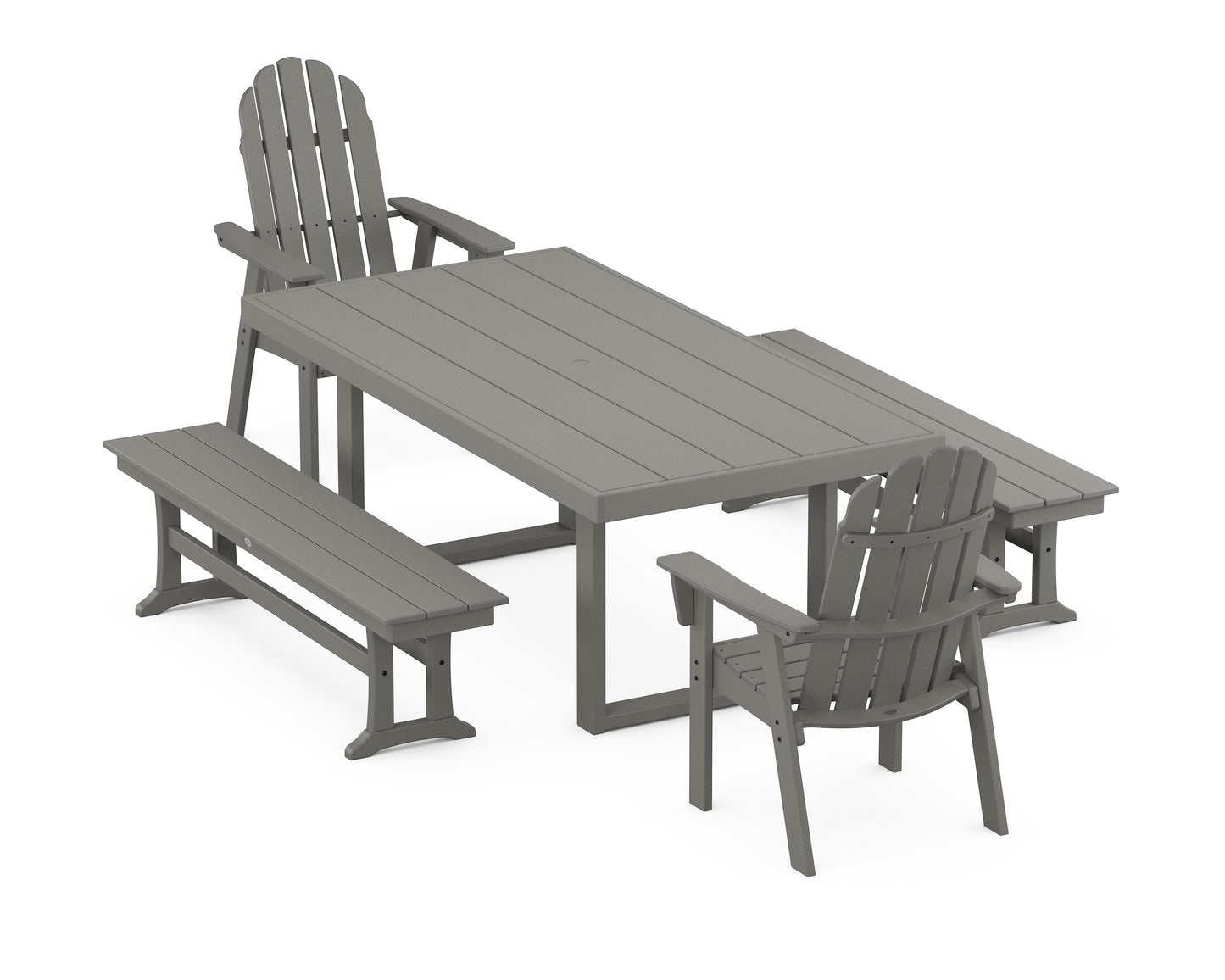 POLYWOOD Vineyard Adirondack 5-Piece Dining Set with Benches — Slate Grey