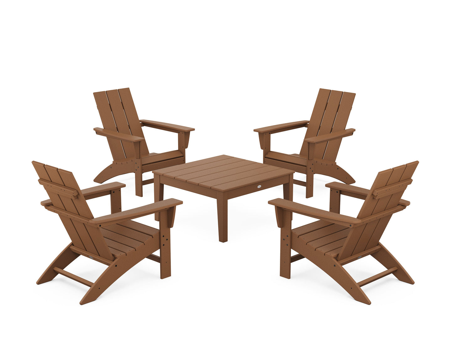 POLYWOOD 5-Piece Modern Adirondack Chair Conversation Set with 36" Conversation Table — Teak