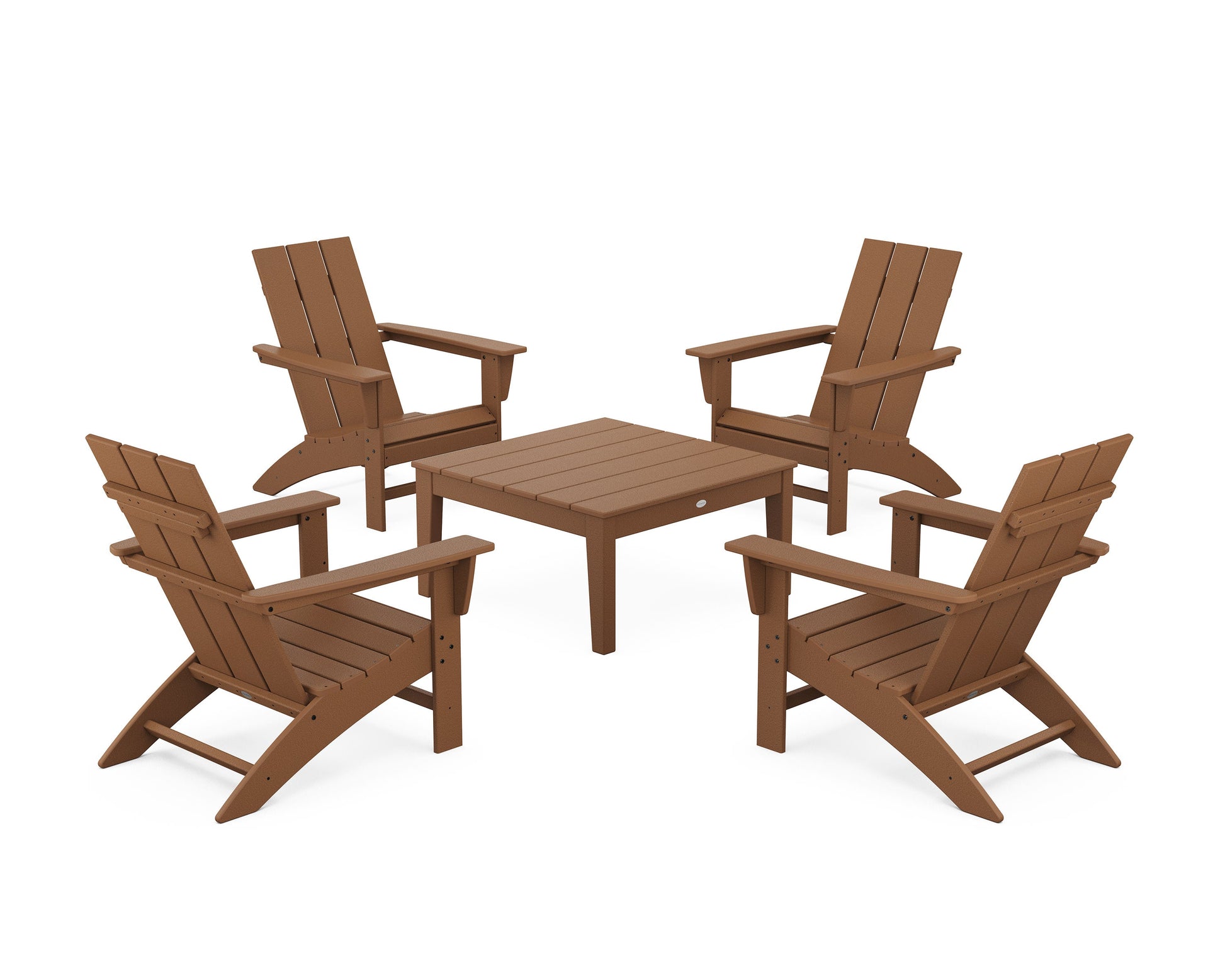 POLYWOOD 5-Piece Modern Adirondack Chair Conversation Set with 36" Conversation Table — Teak