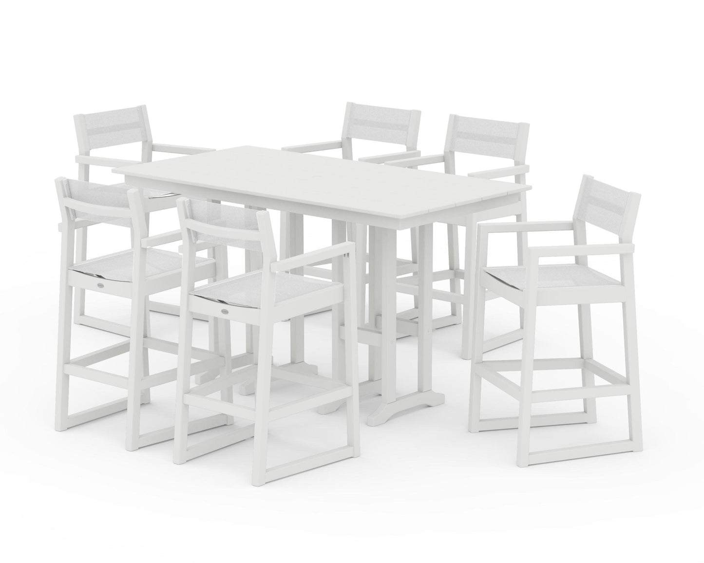 POLYWOOD EDGE Sling Arm Chair 7-Piece Farmhouse Bar Set — Vintage White / White Sling