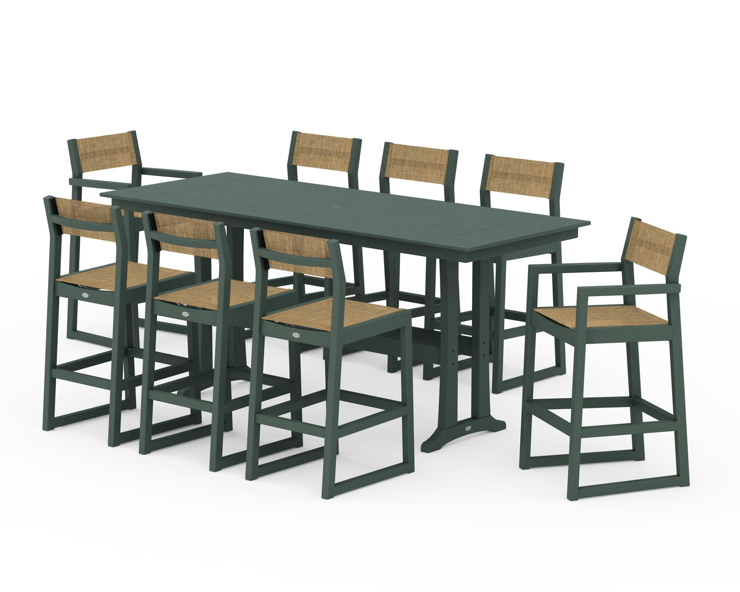 POLYWOOD EDGE Sling 9-Piece Farmhouse Bar Set with Trestle Legs — Green / Burlap Sling