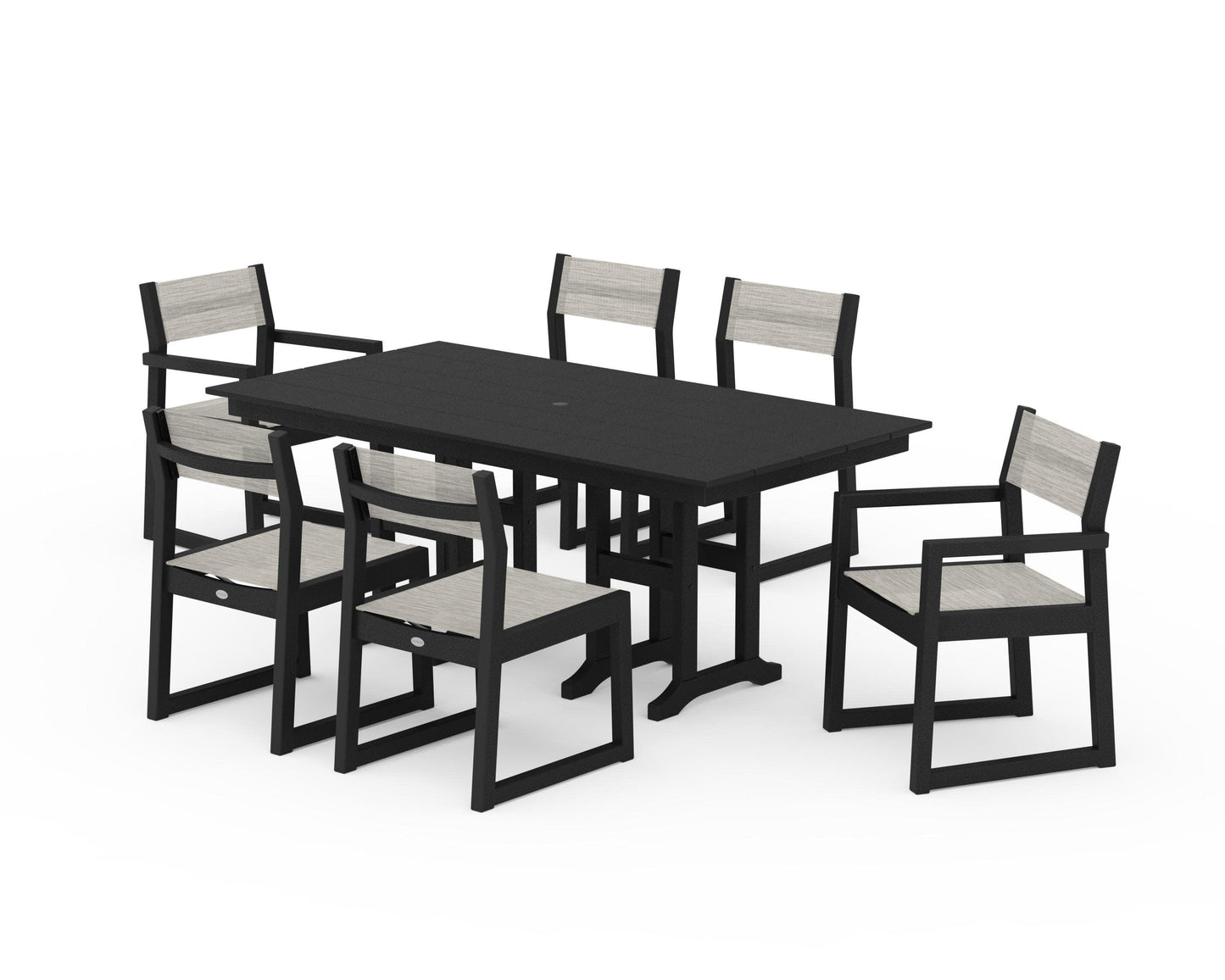 POLYWOOD EDGE Sling 7-Piece Farmhouse Dining Set — Black / Birch Sling