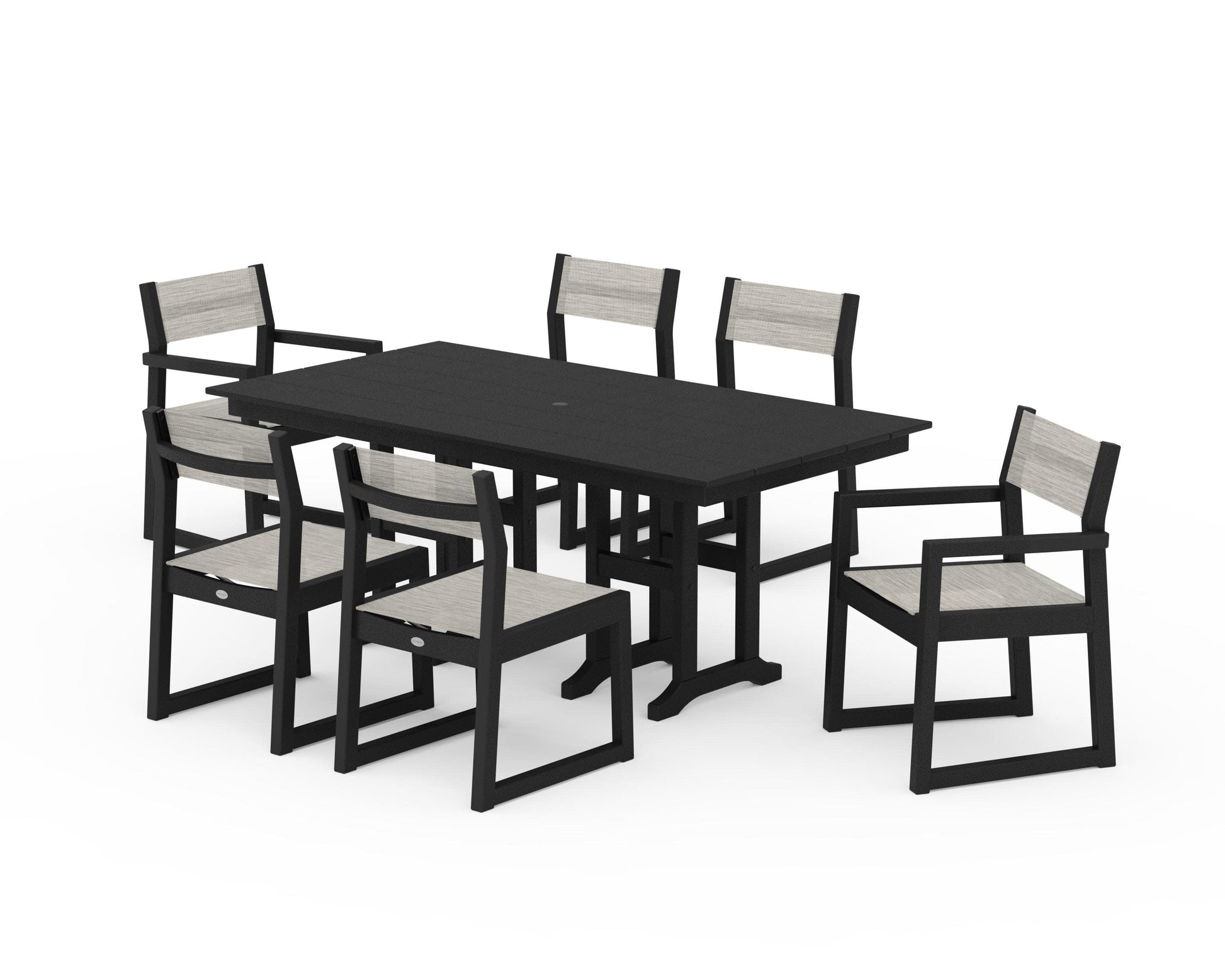 POLYWOOD EDGE Sling 7-Piece Farmhouse Dining Set — Black / Birch Sling