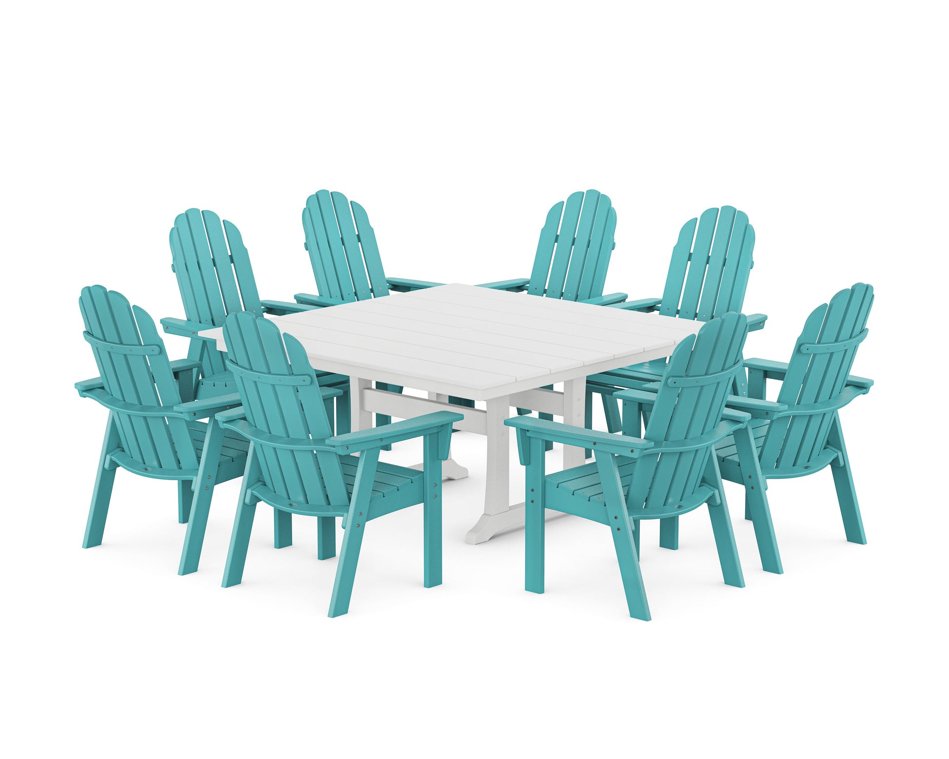POLYWOOD Vineyard Curveback Adirondack 9-Piece Square Farmhouse Dining Set with Trestle Legs — Aruba / White