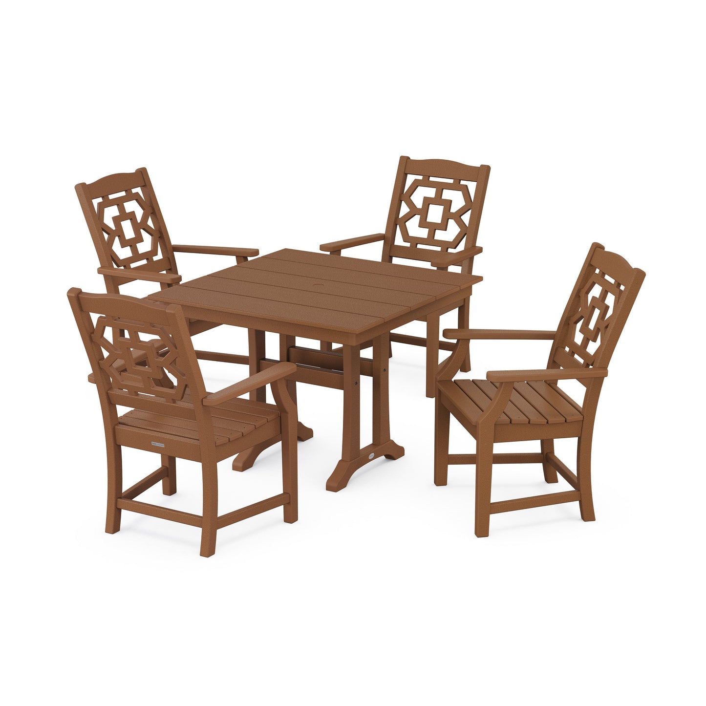POLYWOOD Chinoiserie 5-Piece Farmhouse Dining Set with Trestle Legs — Teak